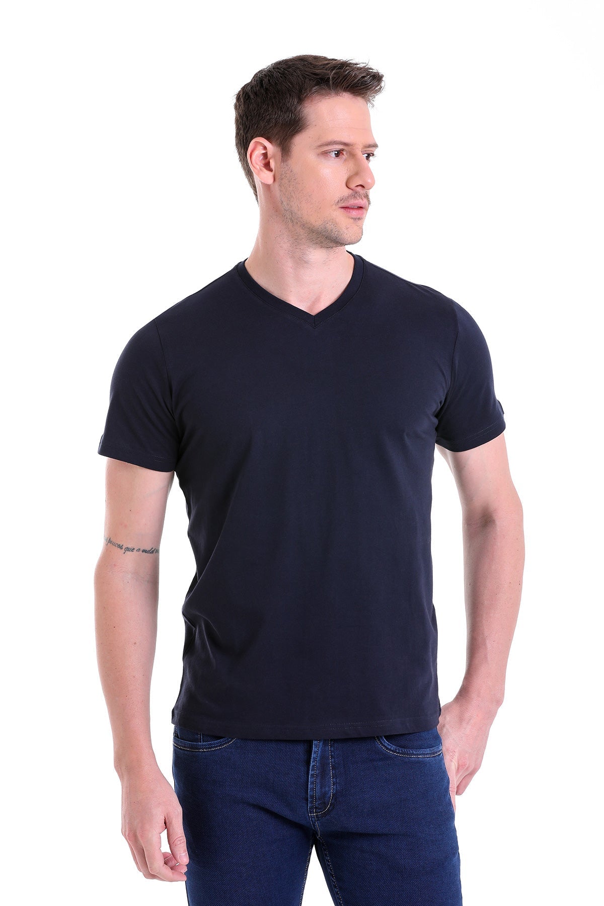 Slim Fit Basic Cotton Navy V-Neck T-Shirt - SAYKI