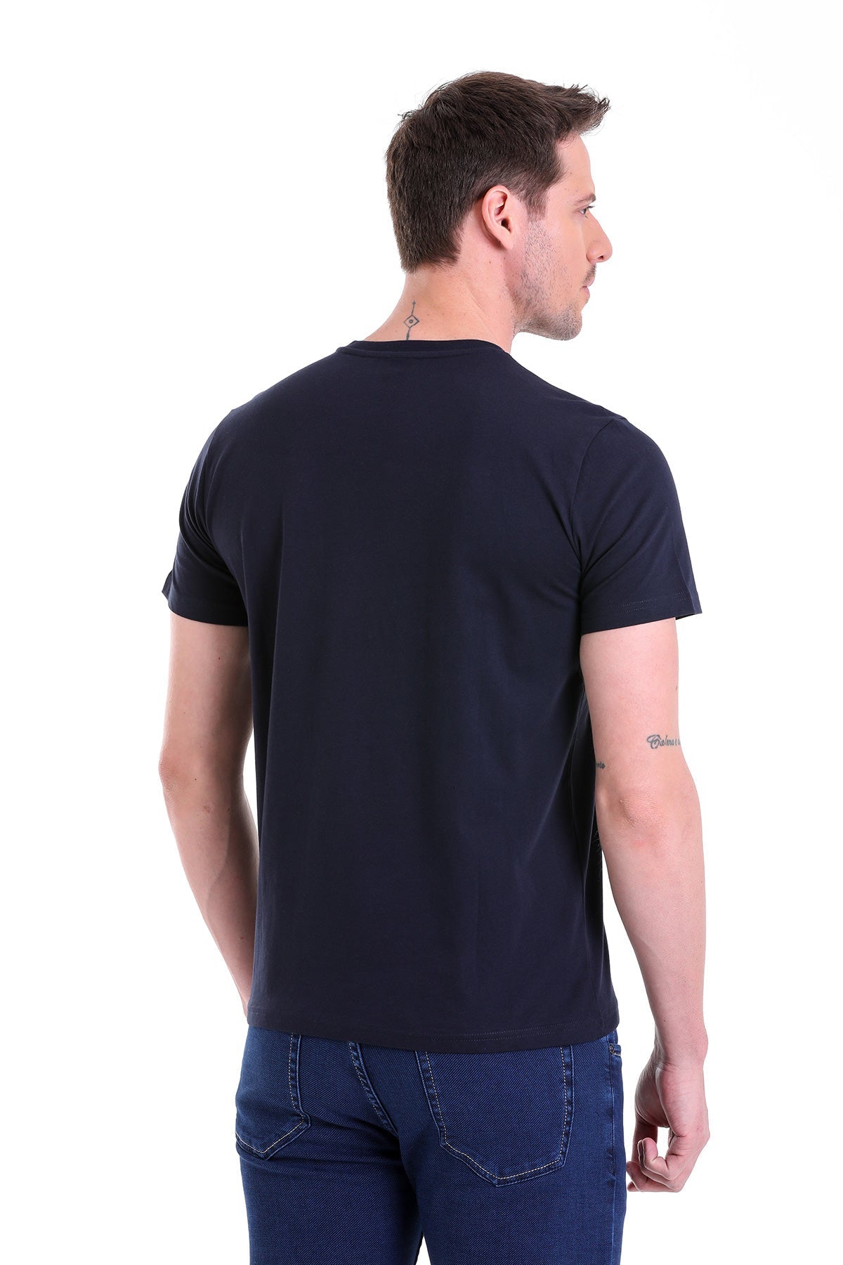 Slim Fit Basic Cotton Navy V-Neck T-Shirt - SAYKI