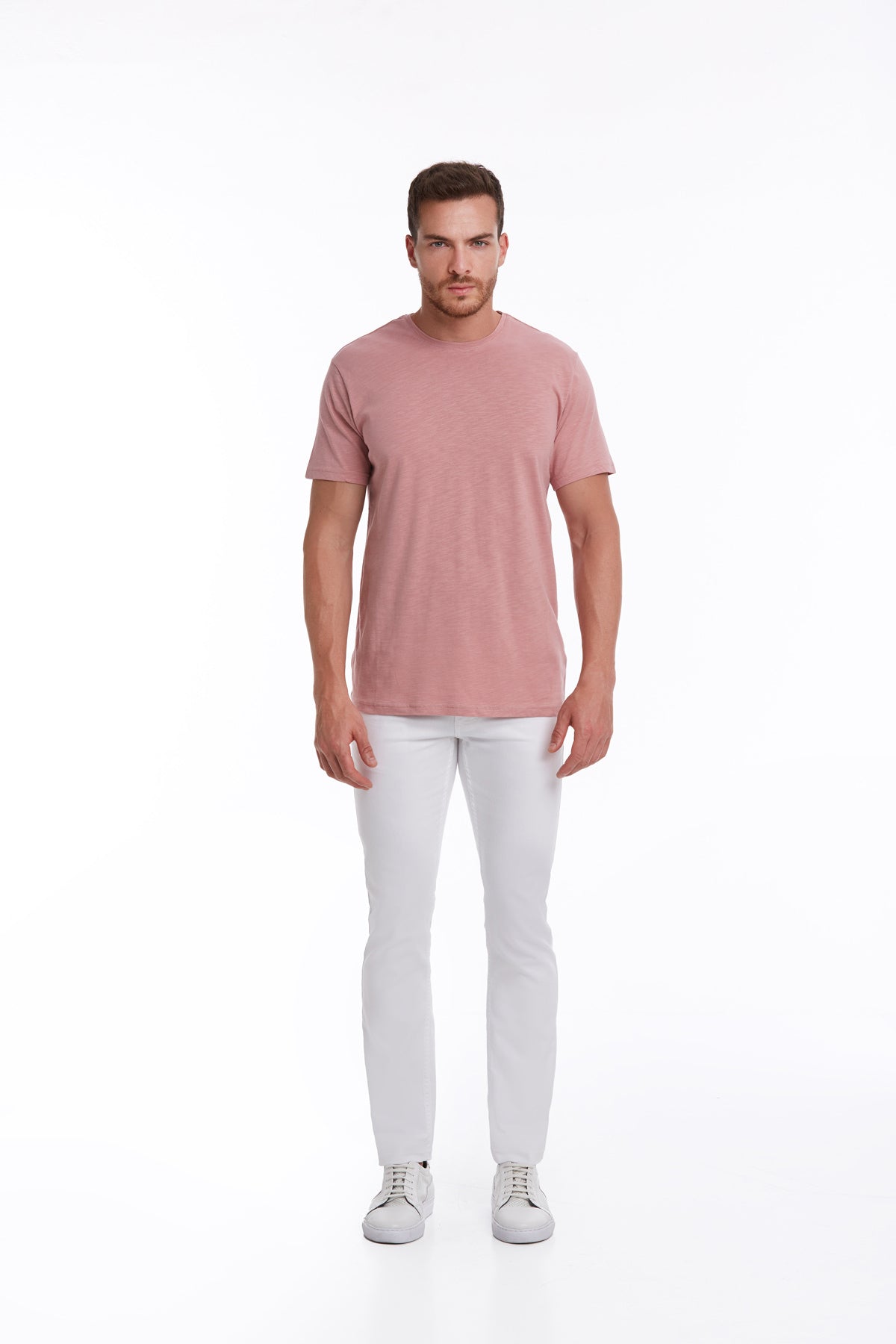 Slim Fit Basic Cotton Pink Crew Neck T-Shirt - SAYKI