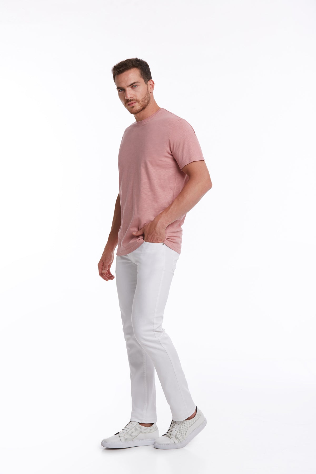 Slim Fit Basic Cotton Pink Crew Neck T-Shirt - SAYKI