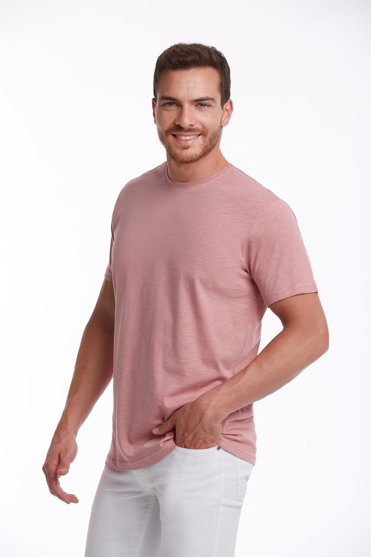 Slim Fit Basic Cotton Pink Crew Neck T-Shirt - SAYKI