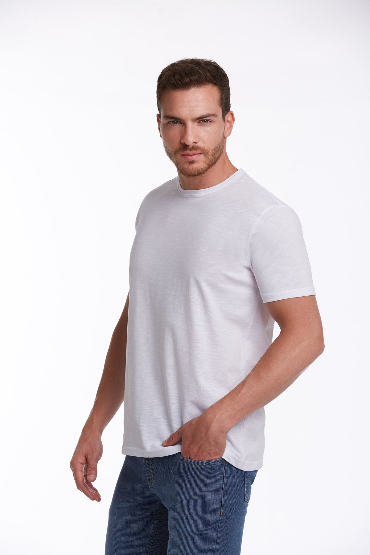 Slim Fit Basic Cotton White Crew Neck T-Shirt - SAYKI