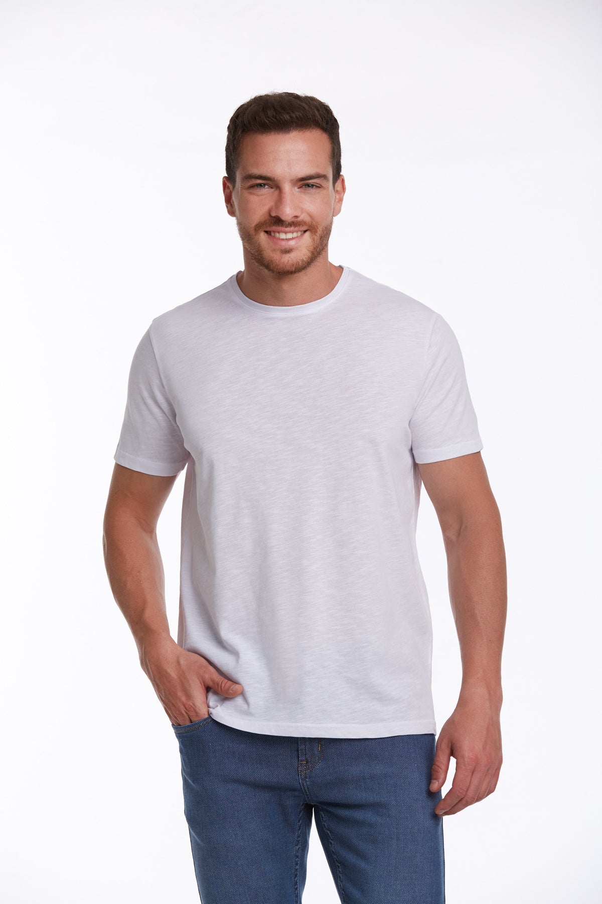 Slim Fit Basic Cotton White Crew Neck T-Shirt - SAYKI