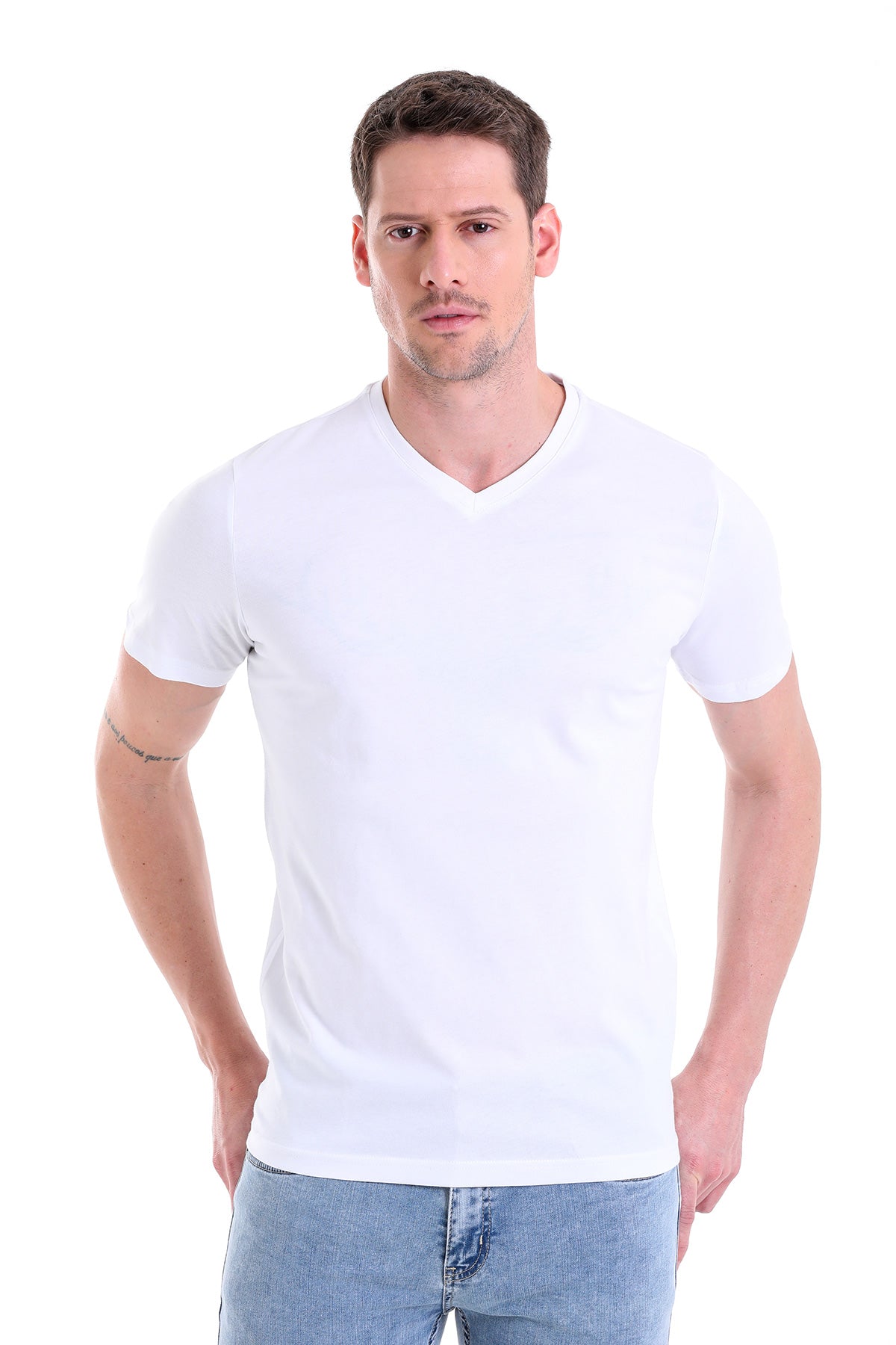 Slim Fit Basic Cotton White V-Neck T-Shirt - SAYKI