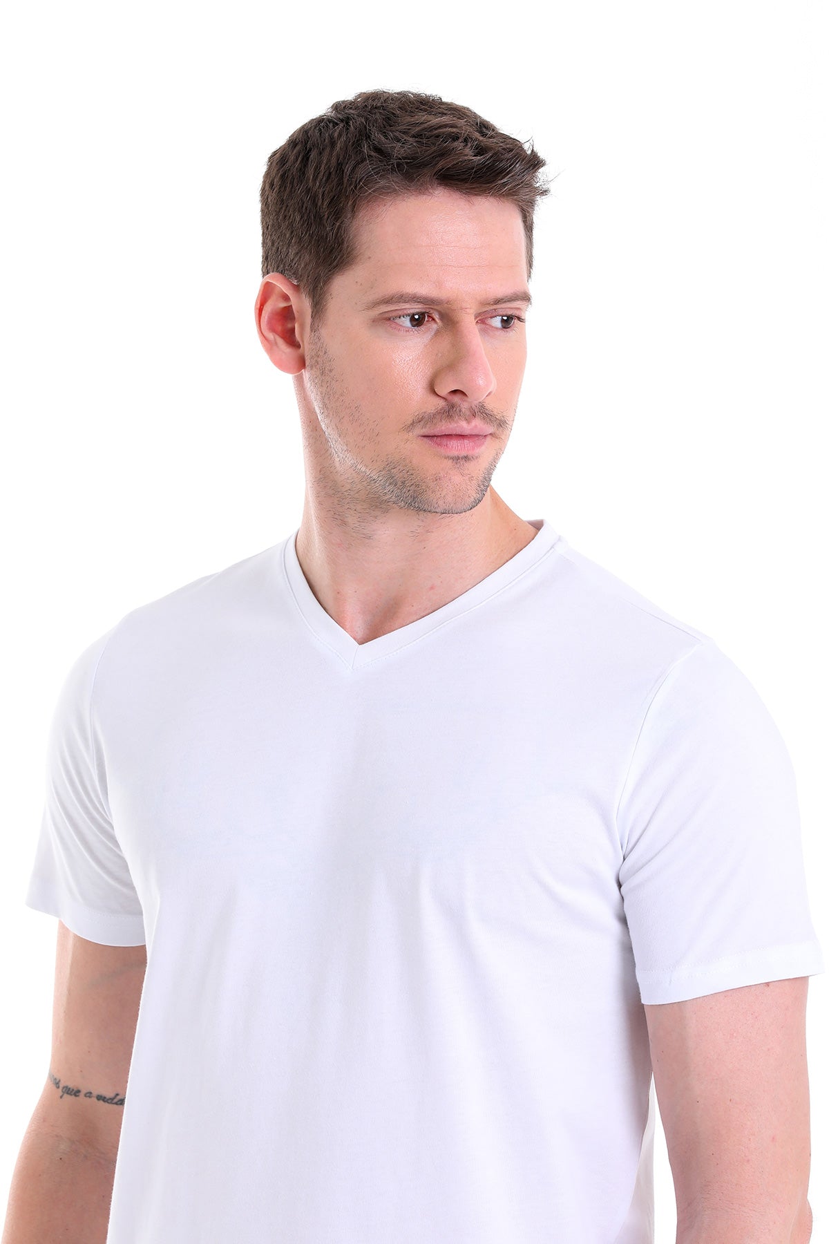 Slim Fit Basic Cotton White V-Neck T-Shirt - SAYKI