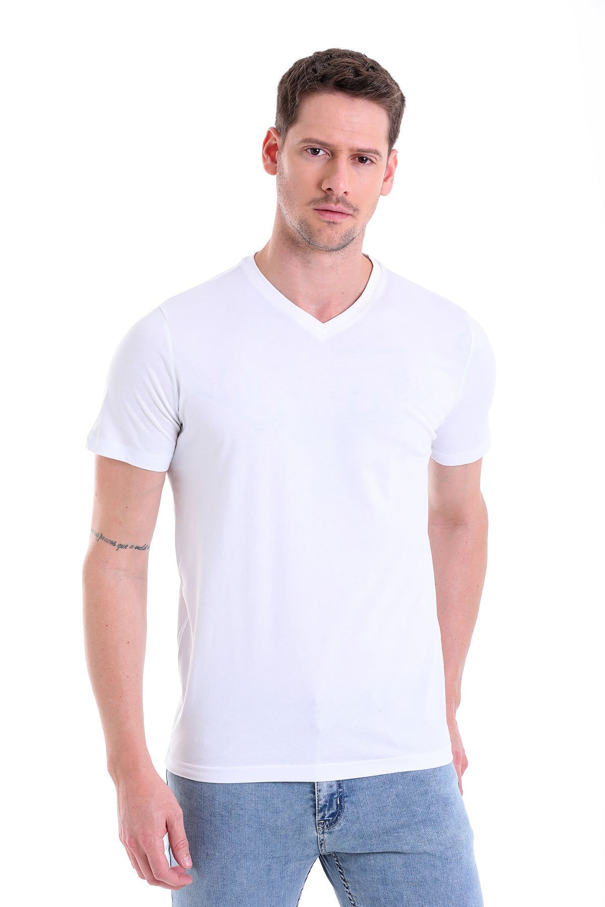 Slim Fit Basic Cotton White V-Neck T-Shirt - SAYKI