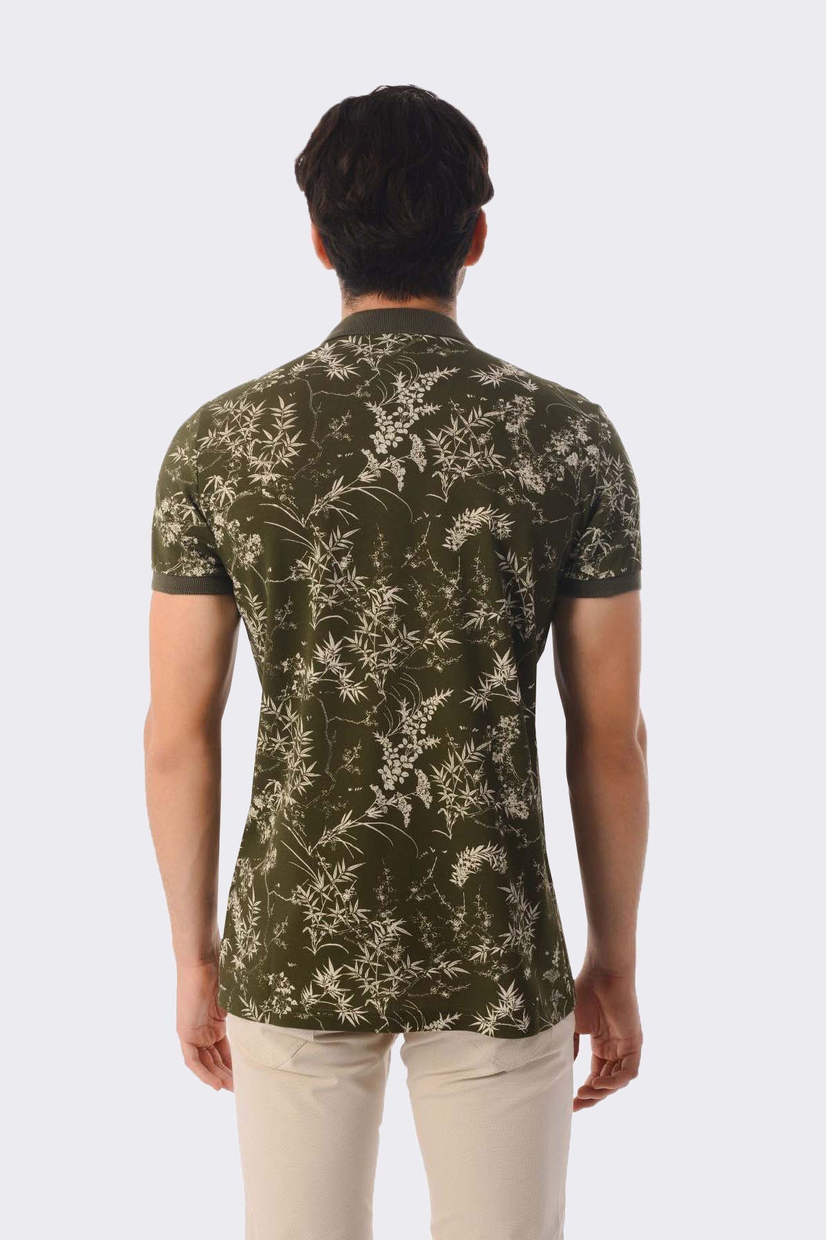 Slim Fit Beige - Khaki Printed Cotton Polo T-Shirt - SAYKI