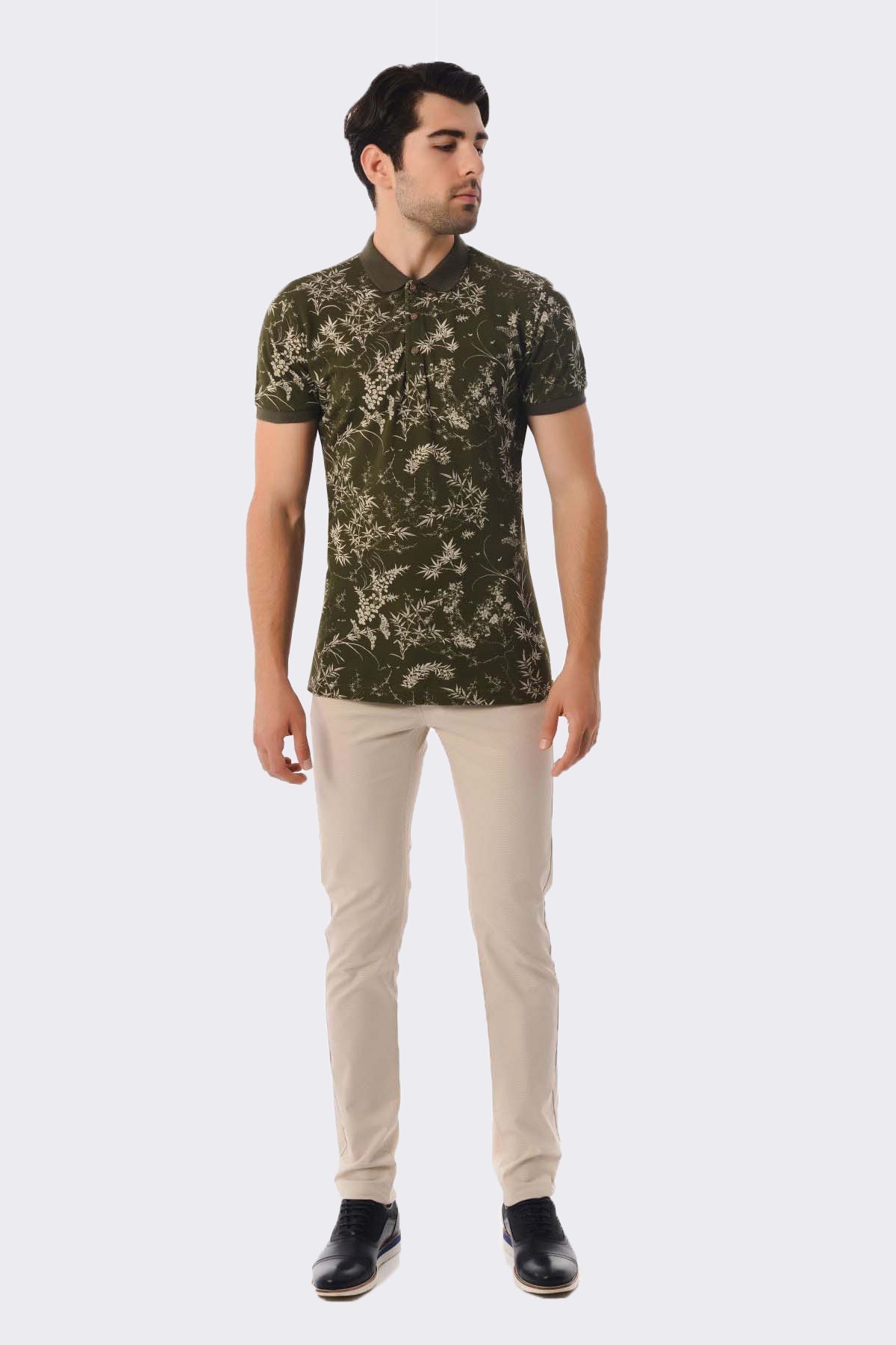 Slim Fit Beige - Khaki Printed Cotton Polo T-Shirt - SAYKI