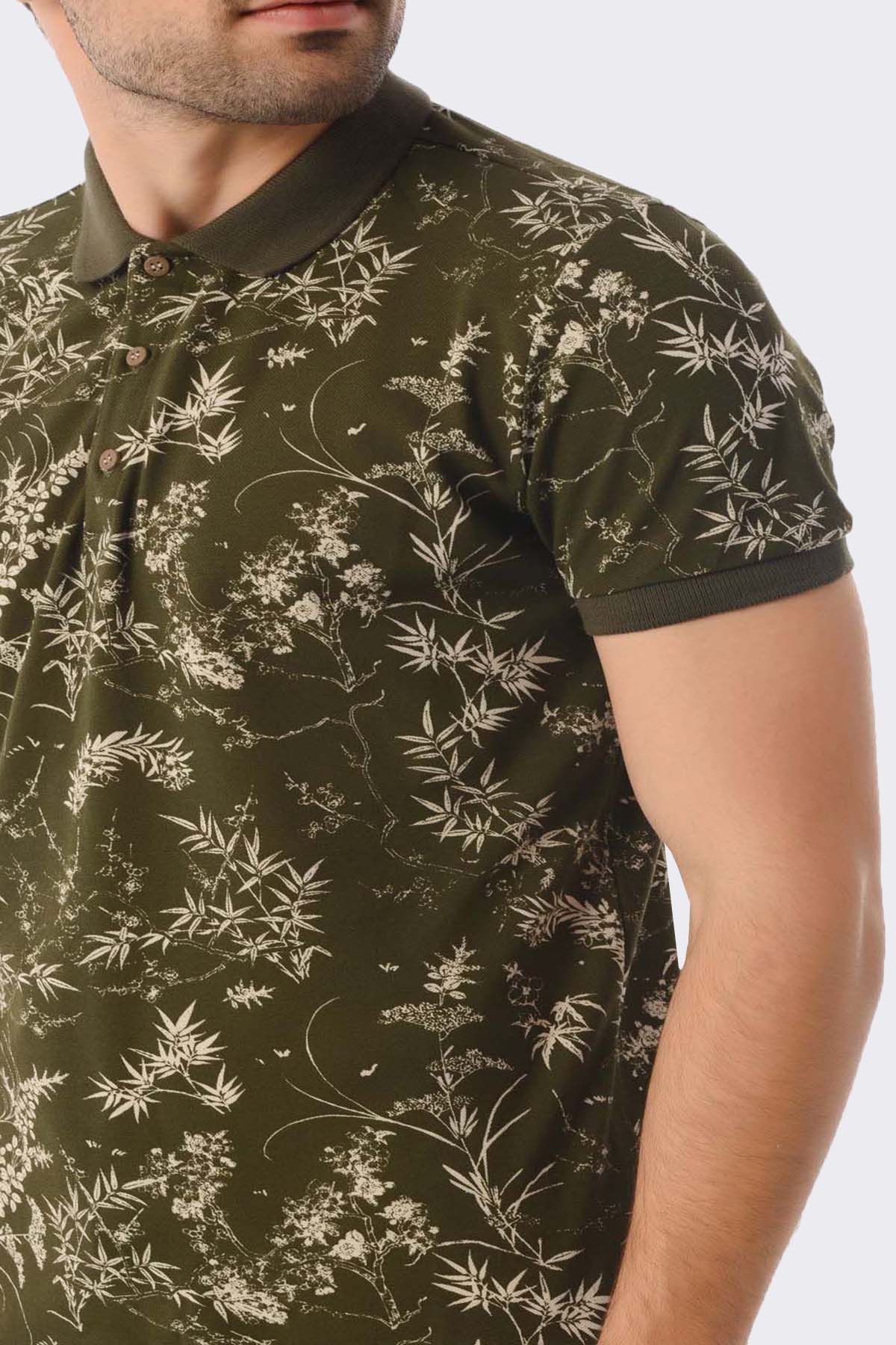 Slim Fit Beige - Khaki Printed Cotton Polo T-Shirt - SAYKI