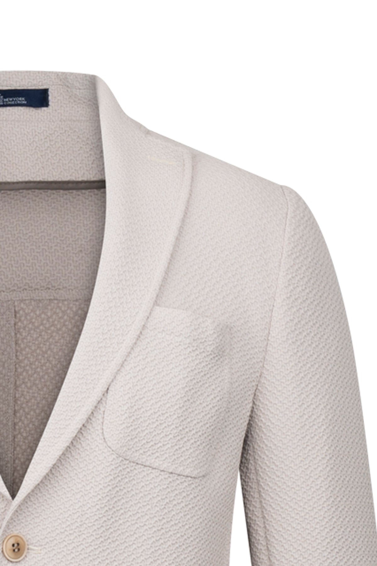 Beige textured wool blazer with a subtle herringbone weave and matching button closure.