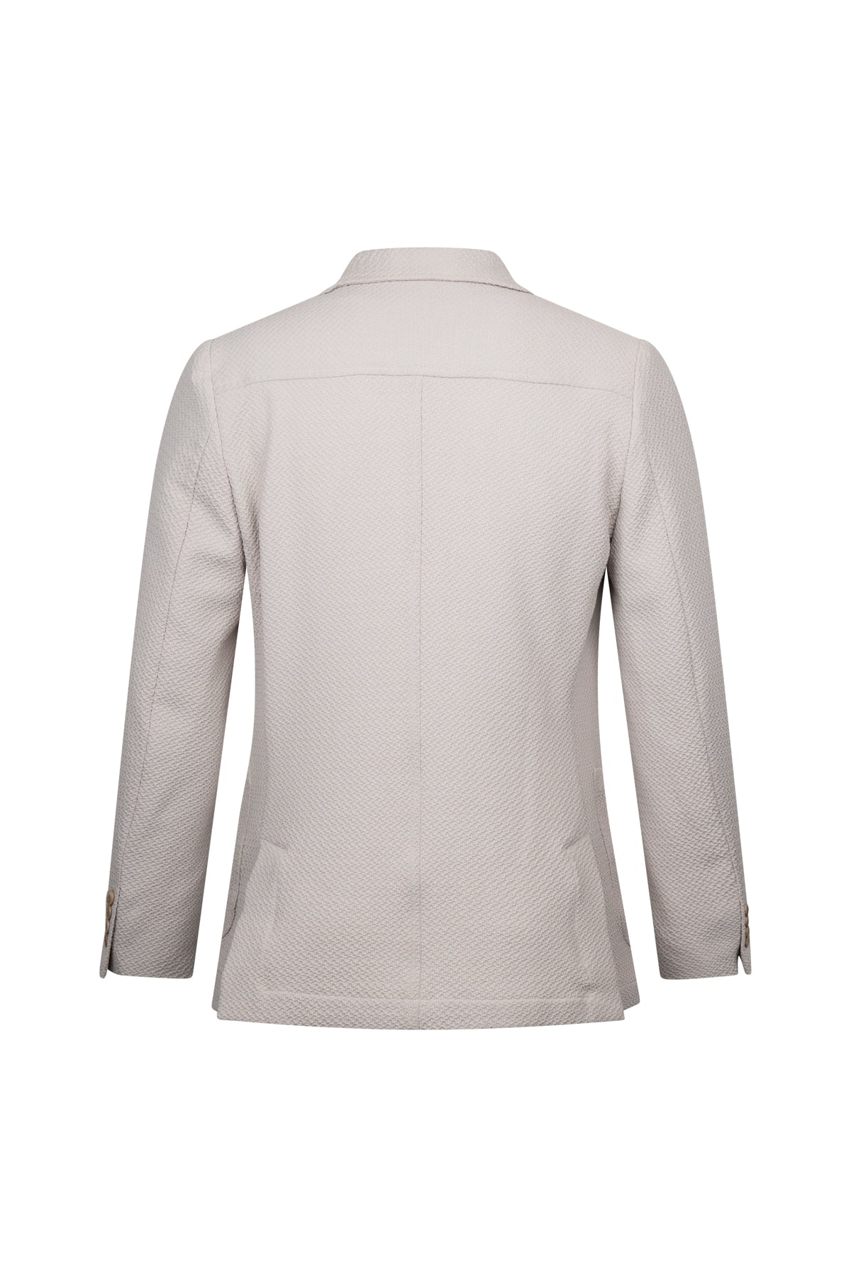 Beige textured blazer with subtle pattern and structured shoulders.
