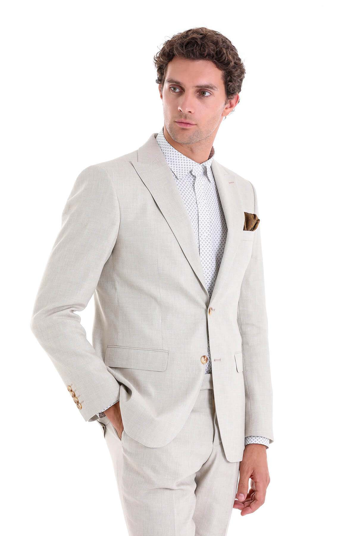 Slim Fit Beige Peak Lapel Linen Casual Suit - SAYKI