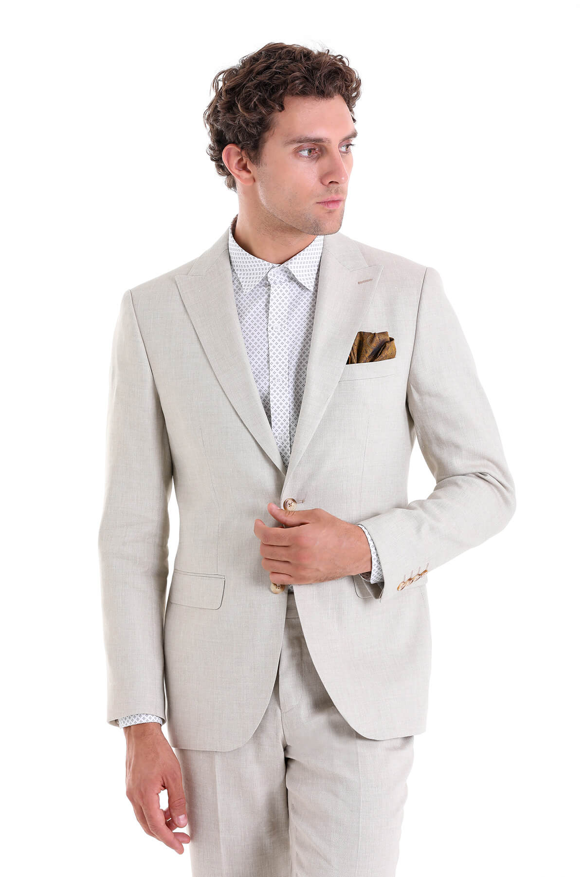 Slim Fit Beige Peak Lapel Linen Casual Suit - SAYKI