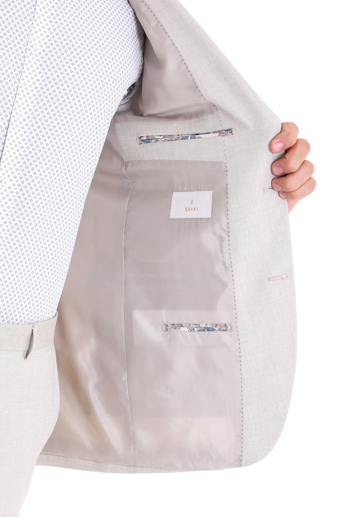 Slim Fit Beige Peak Lapel Linen Casual Suit - SAYKI