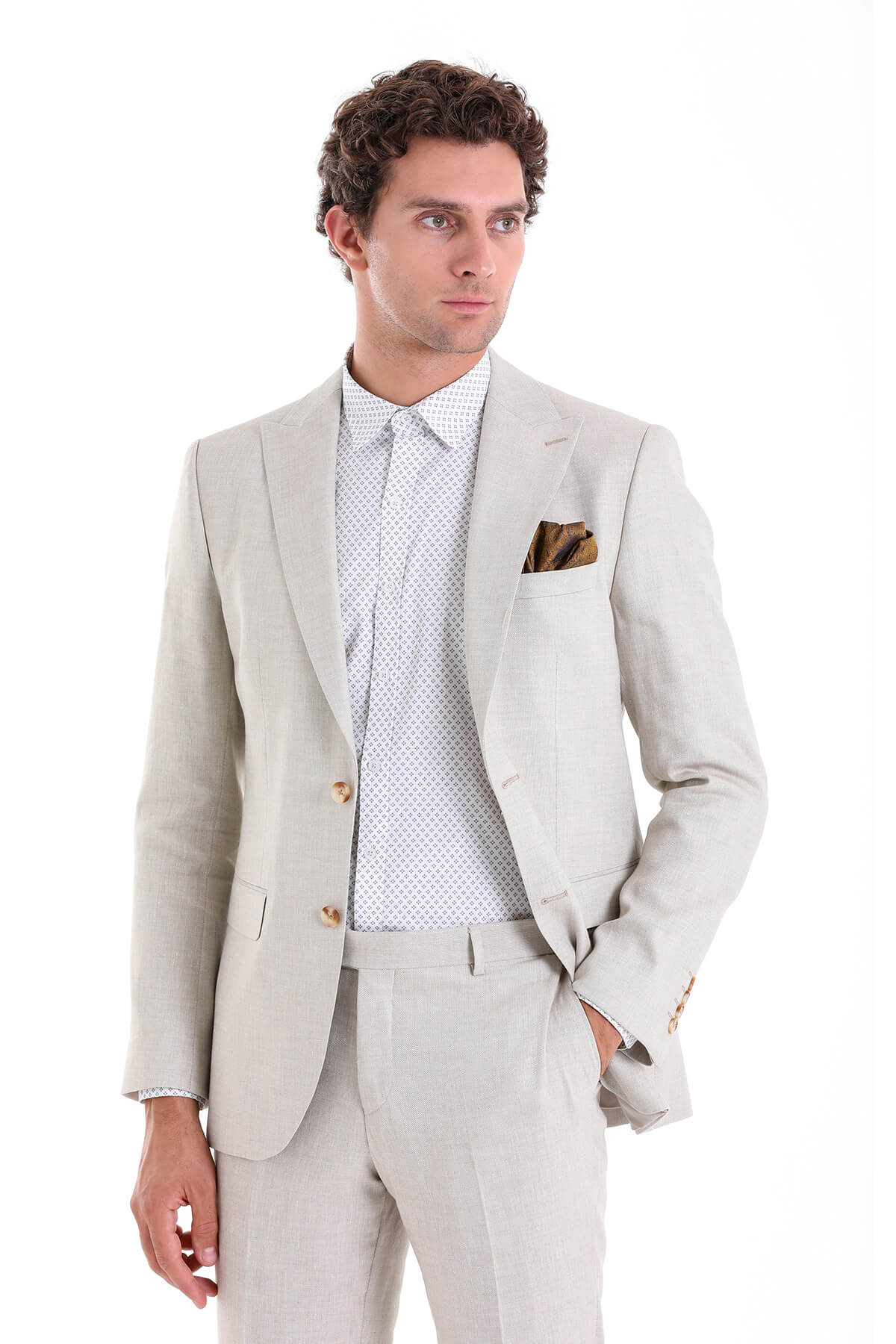 Slim Fit Beige Peak Lapel Linen Casual Suit - SAYKI