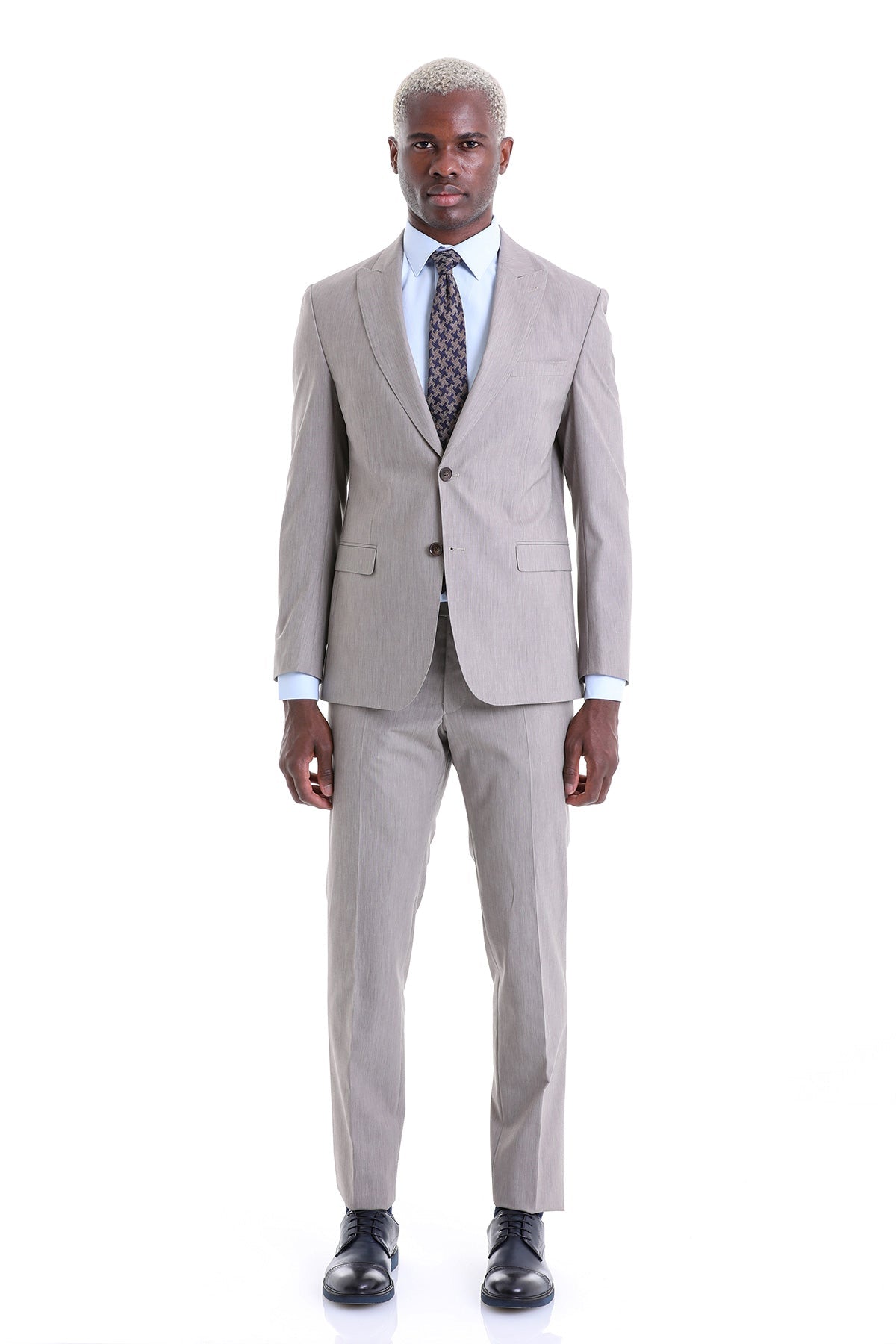 Slim Fit Beige Peak Lapel Wool Blend Classic Suit - SAYKI