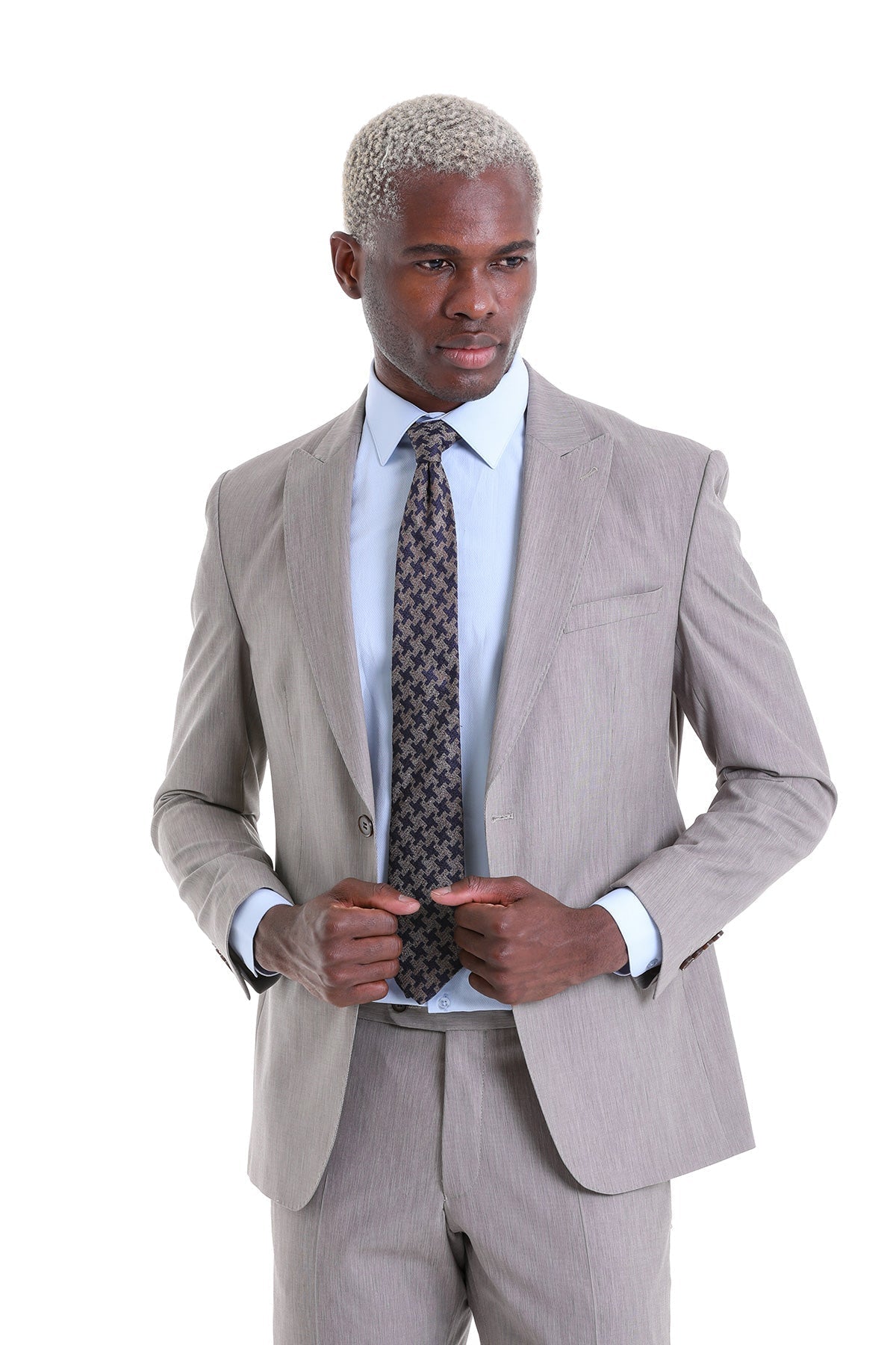 Slim Fit Beige Peak Lapel Wool Blend Classic Suit - SAYKI