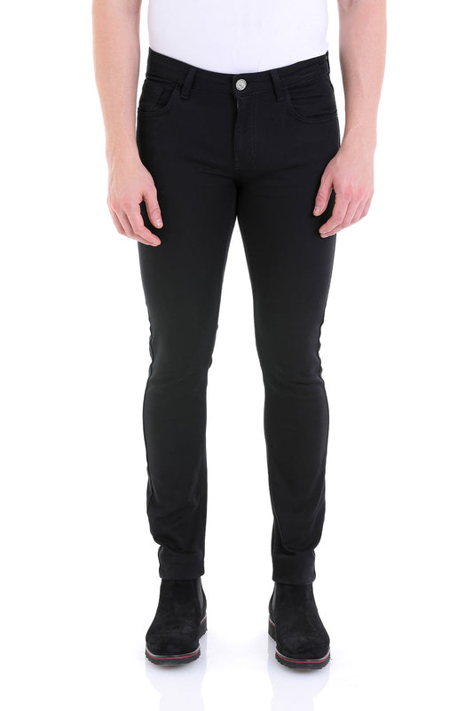 Black slim-fit jeans with a classic five-pocket design and a silver button.
