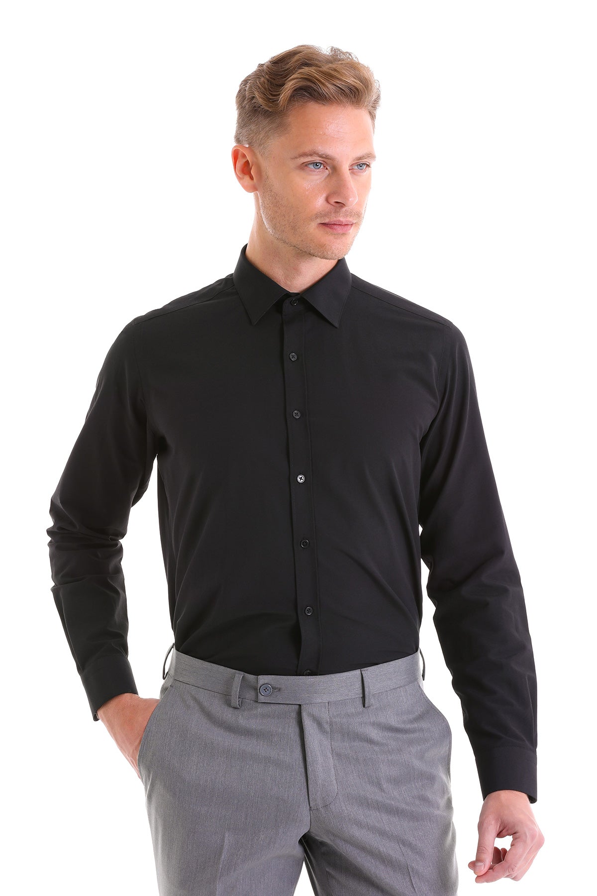 Slim Fit Black Cotton Blend Dress Shirt - SAYKI