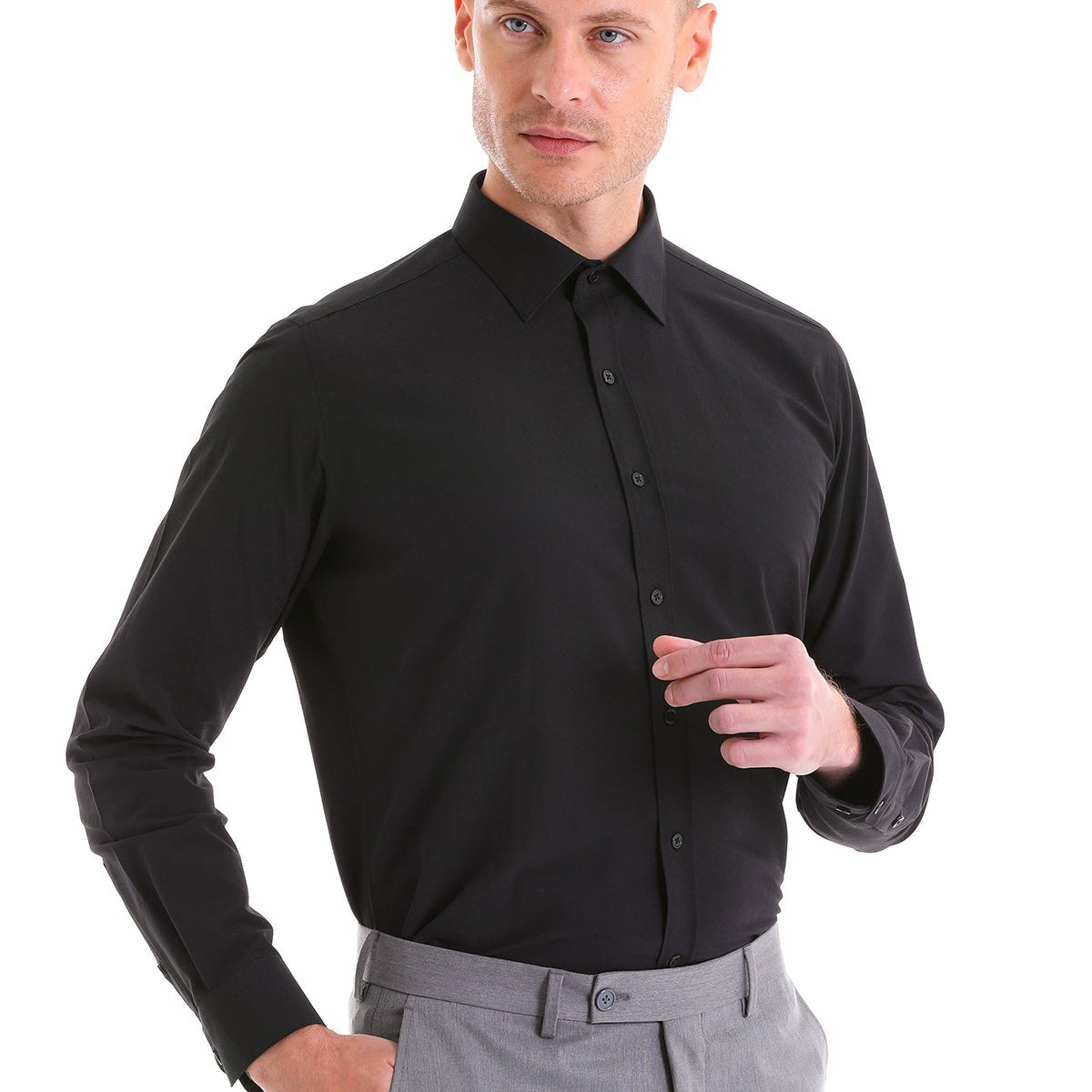 Men's Slim Fit Black Cotton Blend Dress Shirt