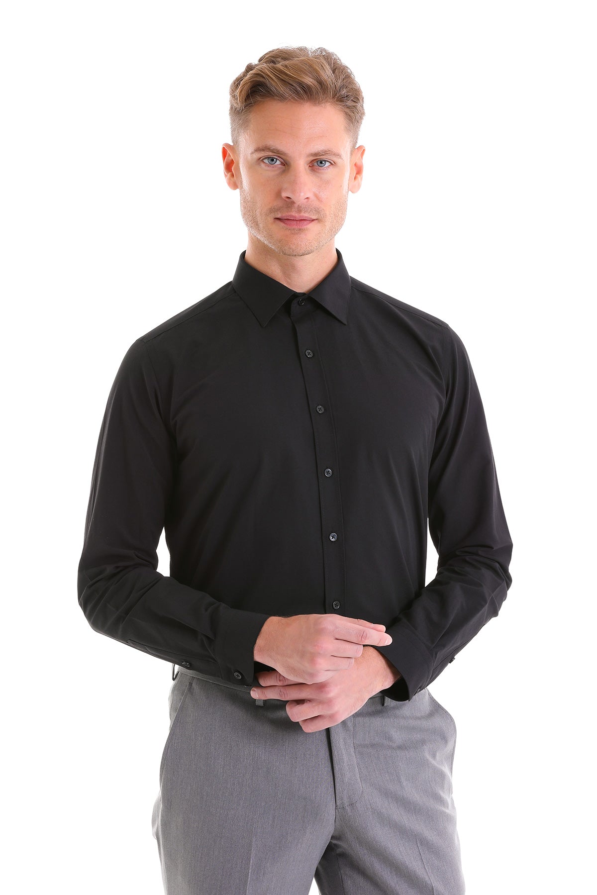 Slim Fit Black Cotton Blend Dress Shirt - SAYKI