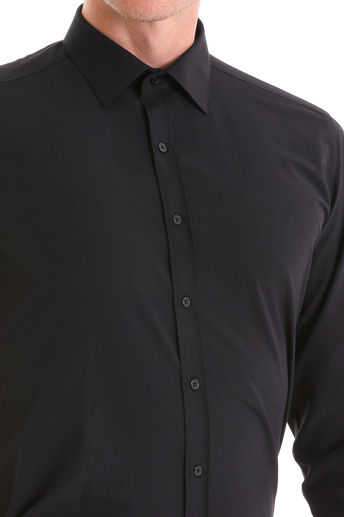 Slim Fit Black Cotton Blend Dress Shirt - SAYKI