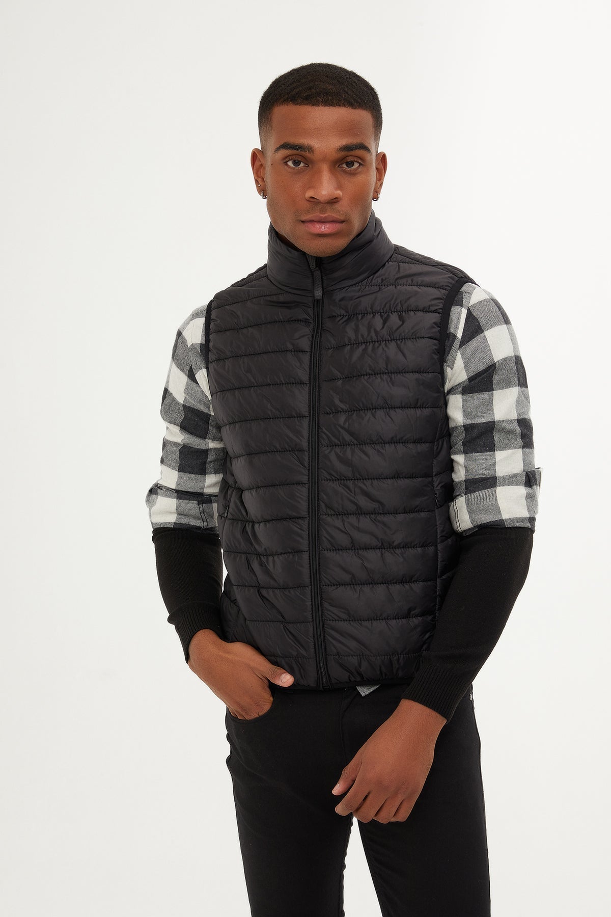 Slim Fit Black Down Like Padded Vest - SAYKI