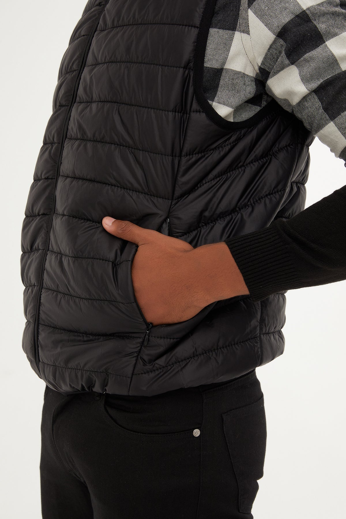Slim Fit Black Down Like Padded Vest - SAYKI