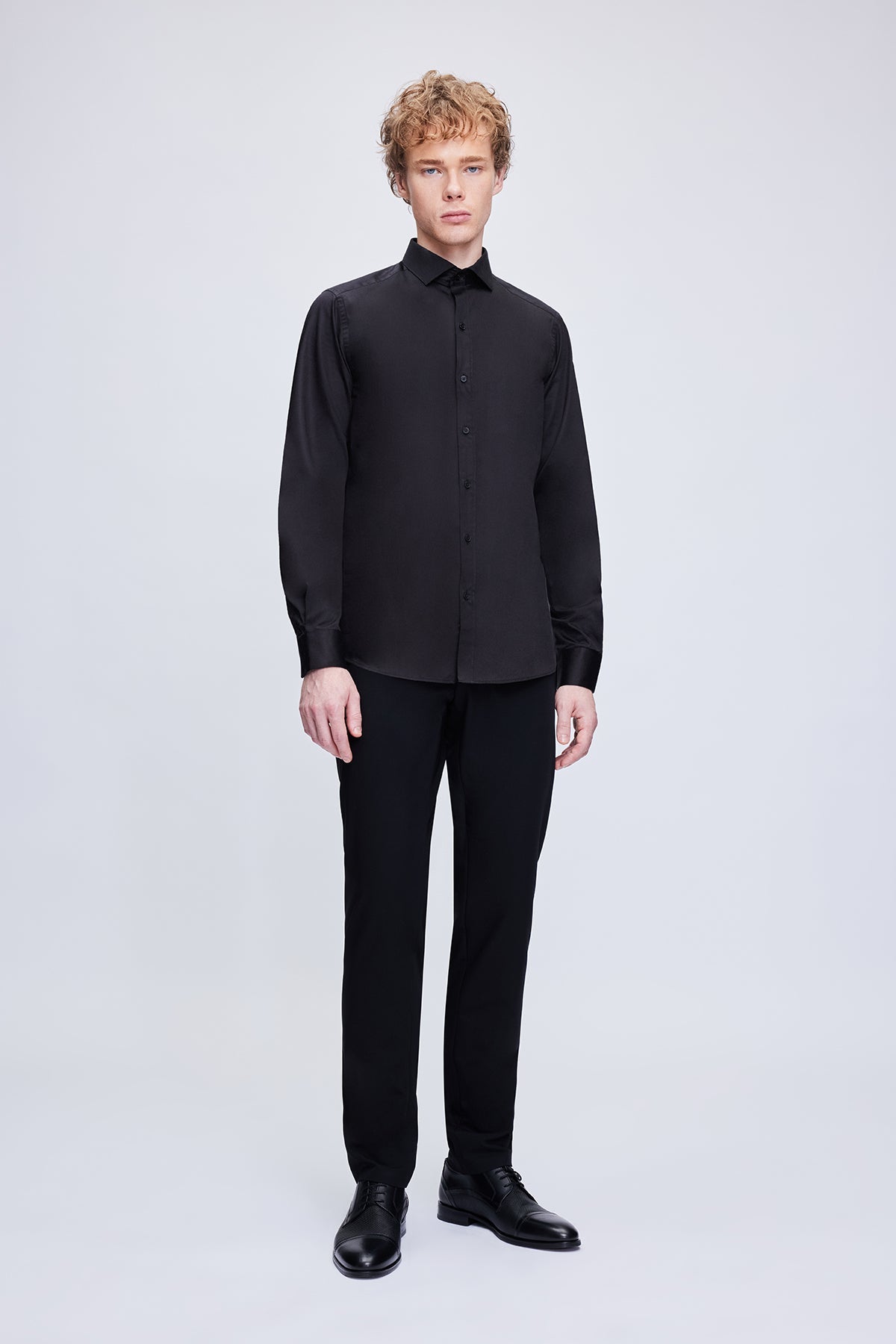 Slim Fit Black Long Sleeve 100% Cotton Dress Shirt - SAYKI