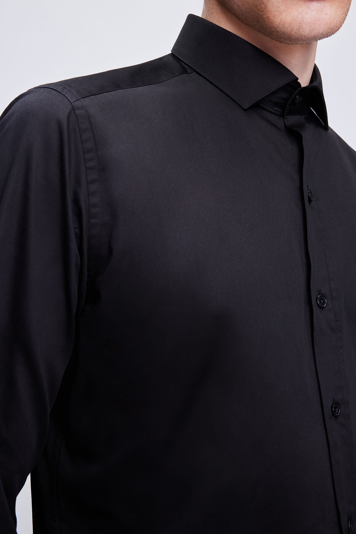 Slim Fit Black Long Sleeve 100% Cotton Dress Shirt - SAYKI