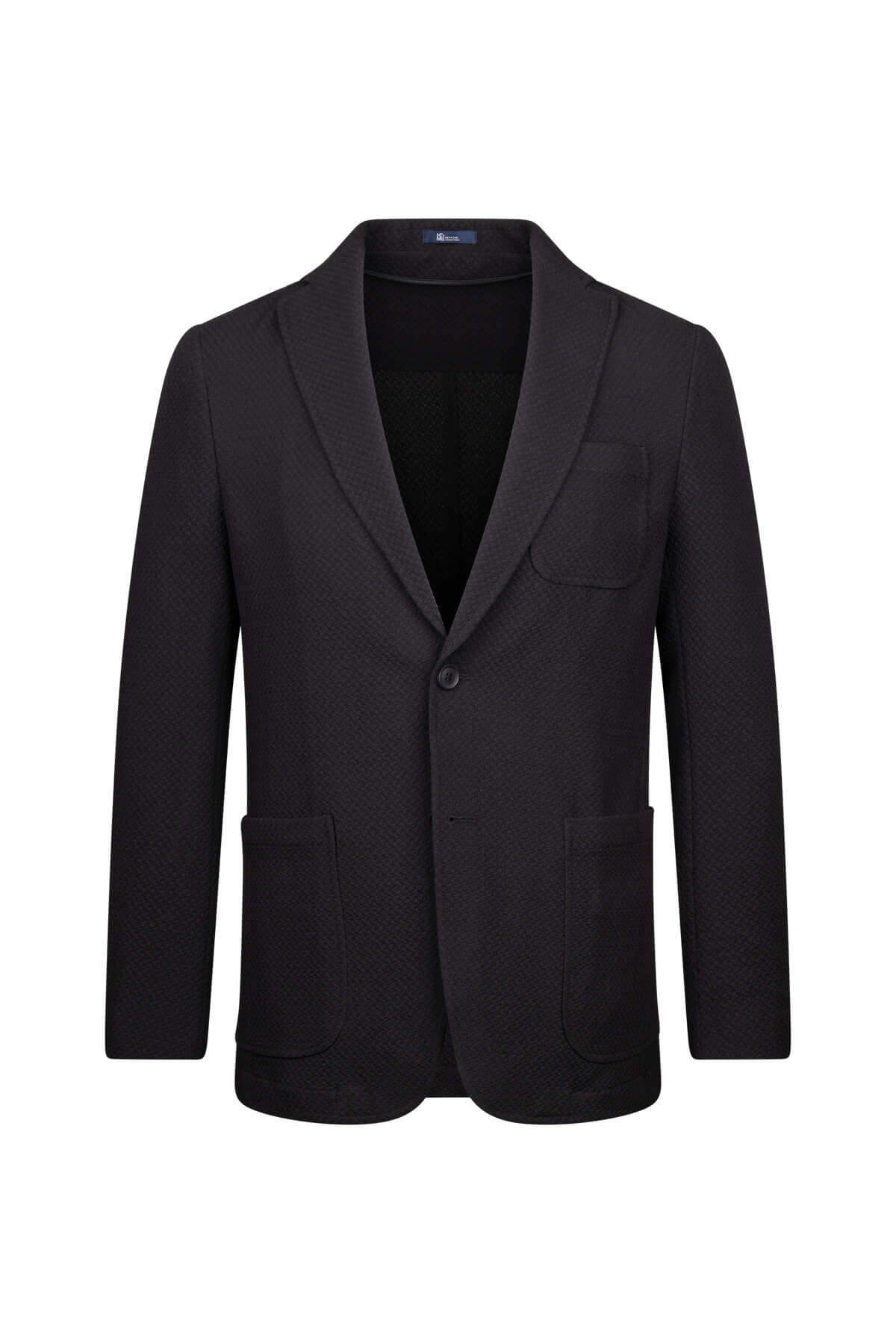Black single-breasted blazer with a sleek, tailored fit and subtle texture.