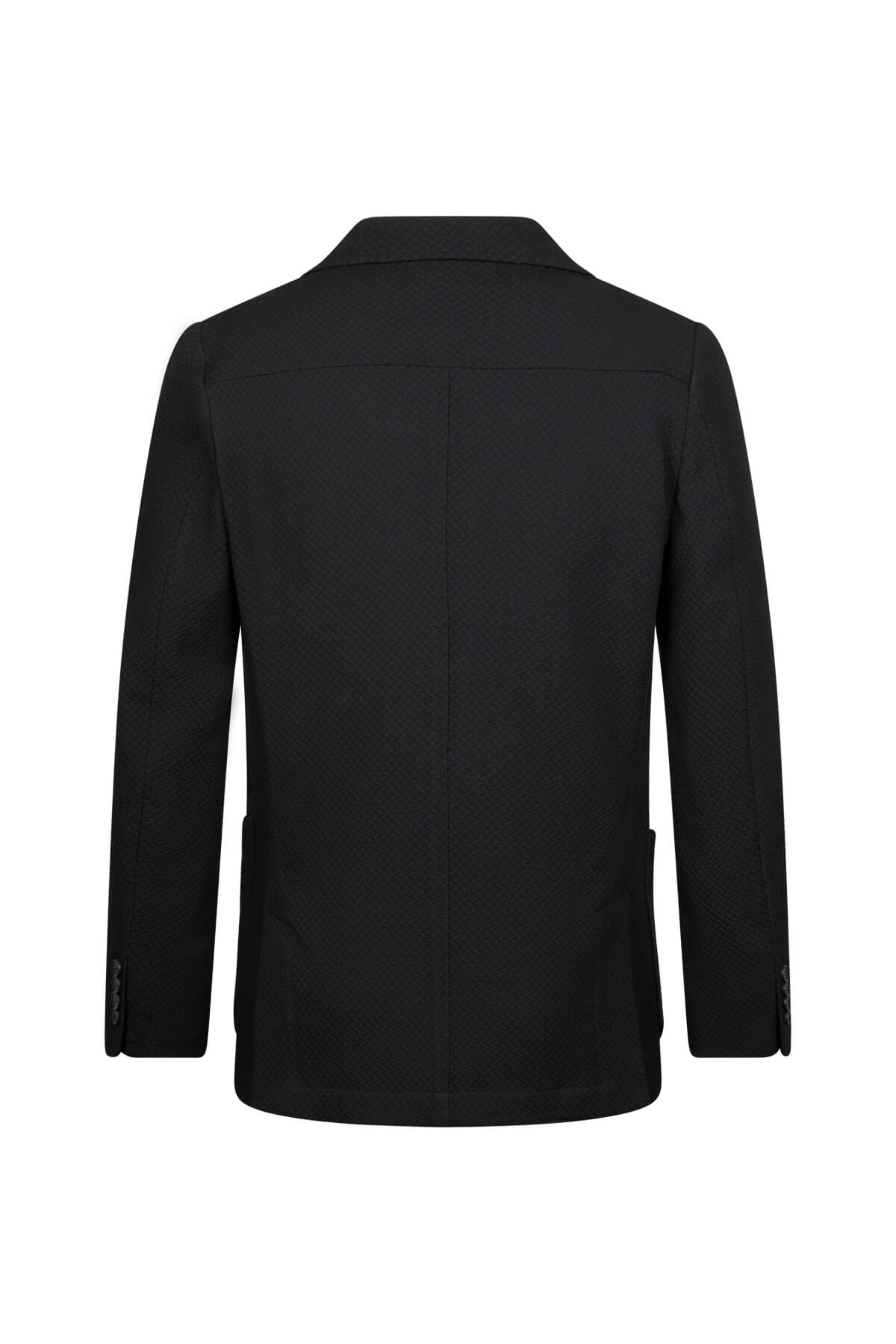 Black tailored blazer with a sleek, modern cut and subtle texture.