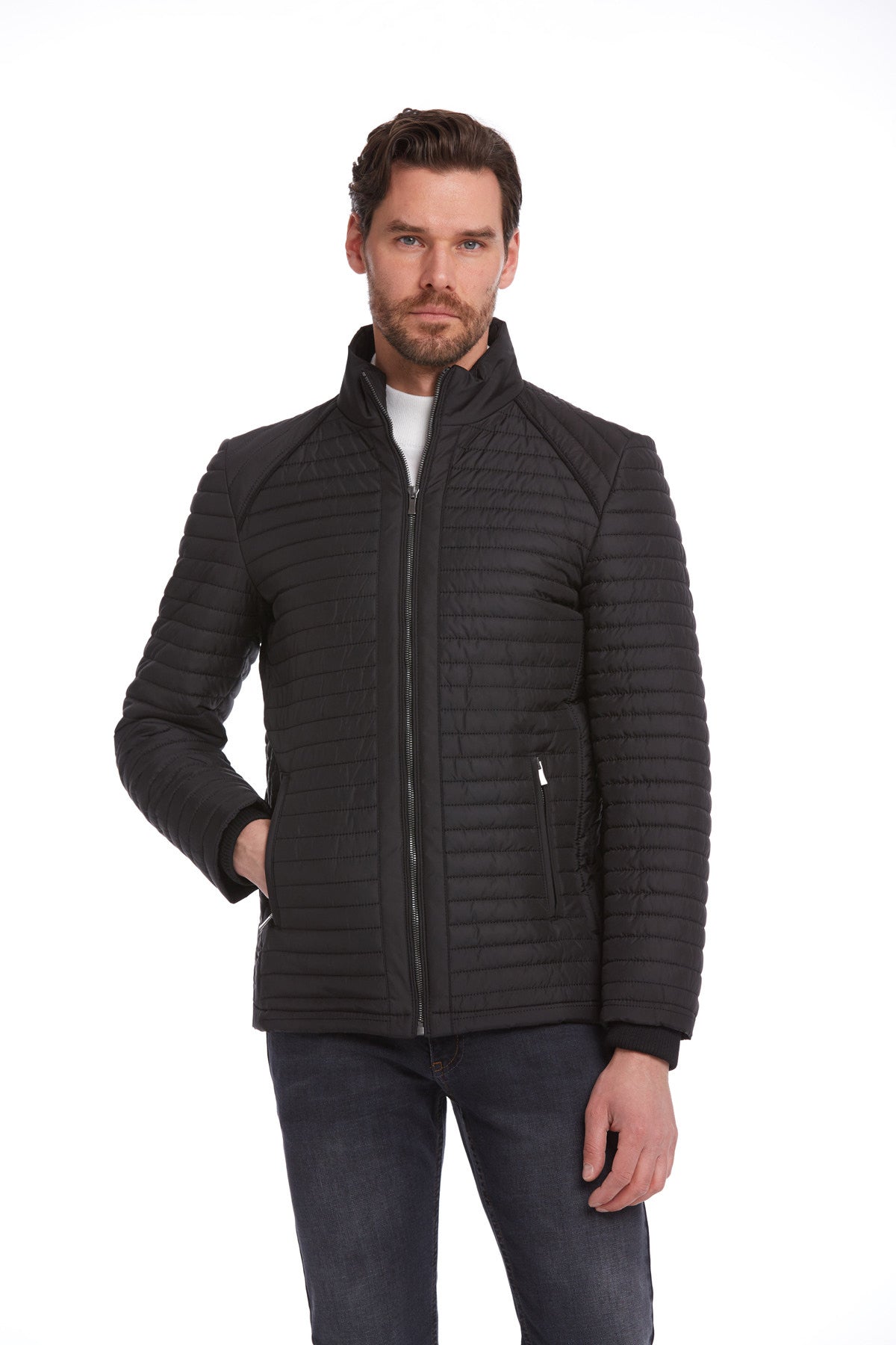 Black quilted men’s jacket with a high collar and front zipper.