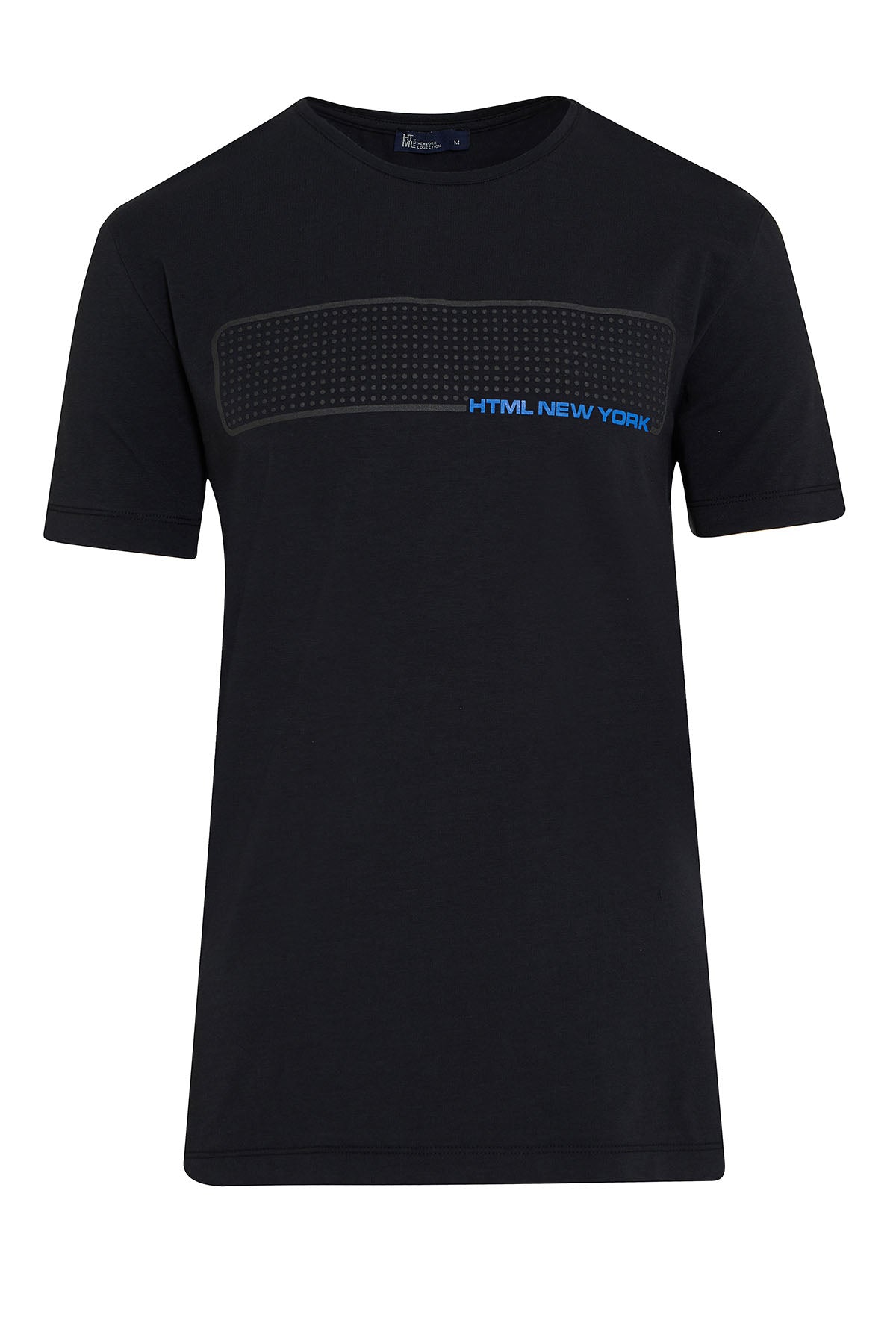 Black short-sleeved t-shirt with a horizontal textured panel and ’html new york’ text in blue.