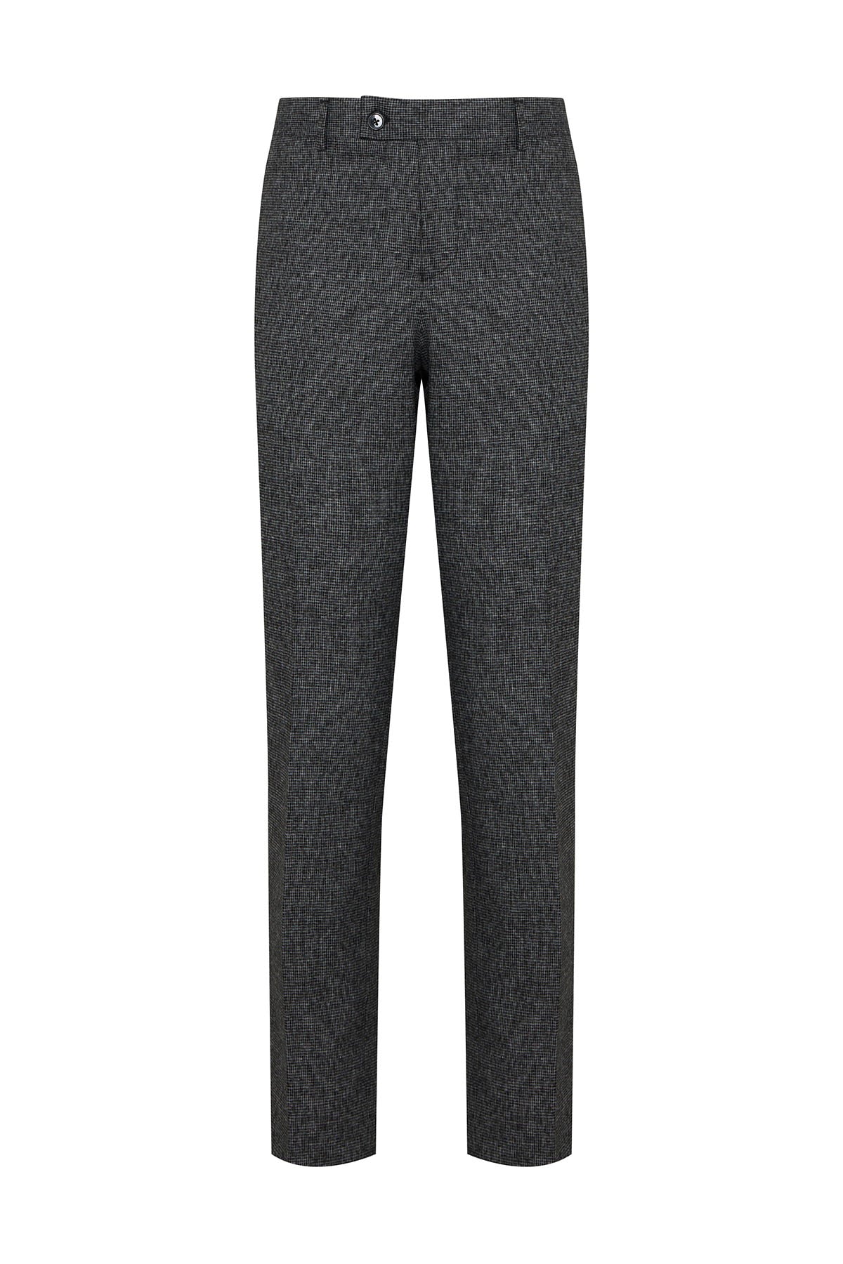 Dark gray wool blend trousers with a subtle herringbone weave pattern.