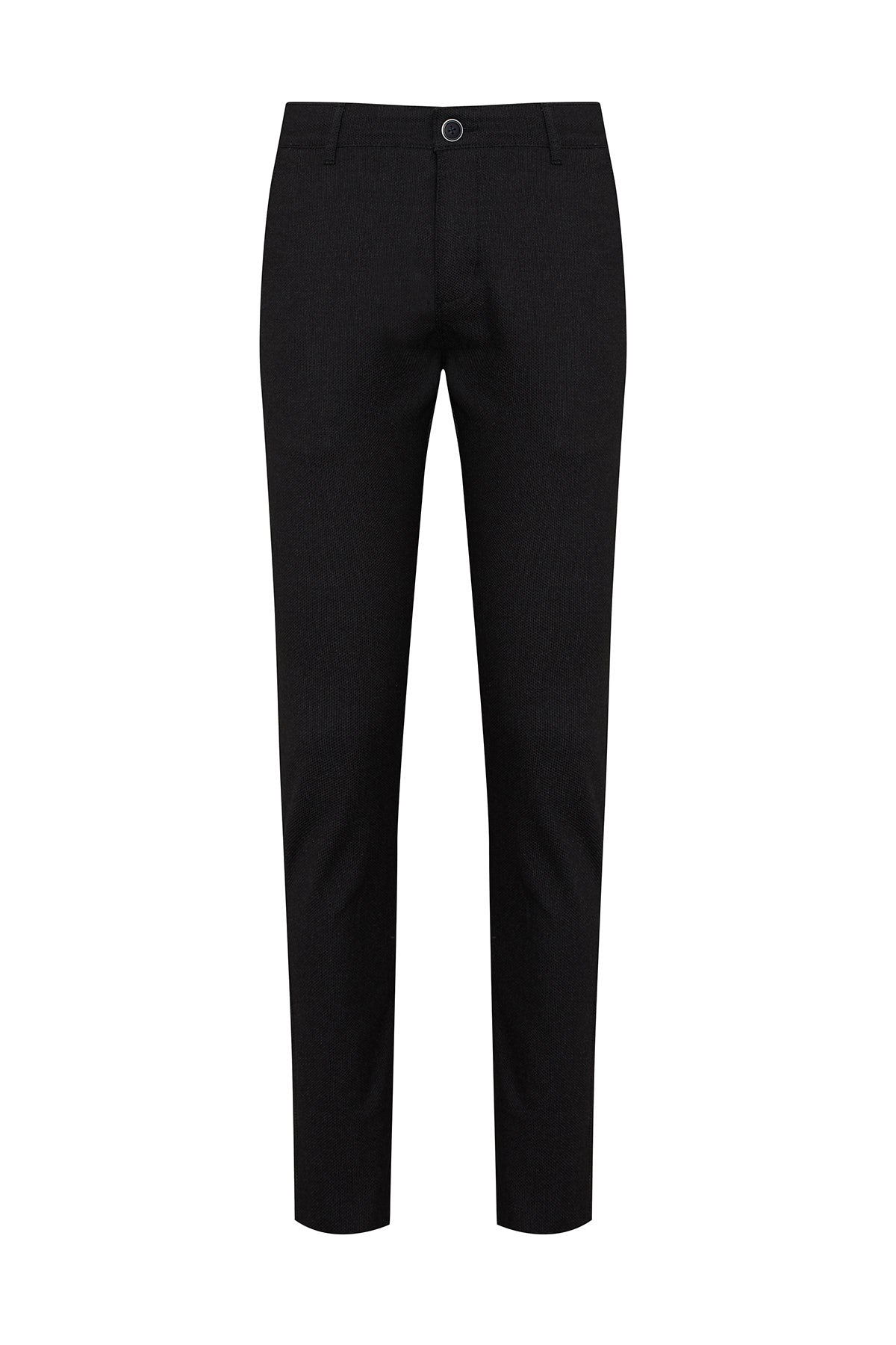 Black slim-fit trousers with a sleek, tailored design and a single button closure at the waist.