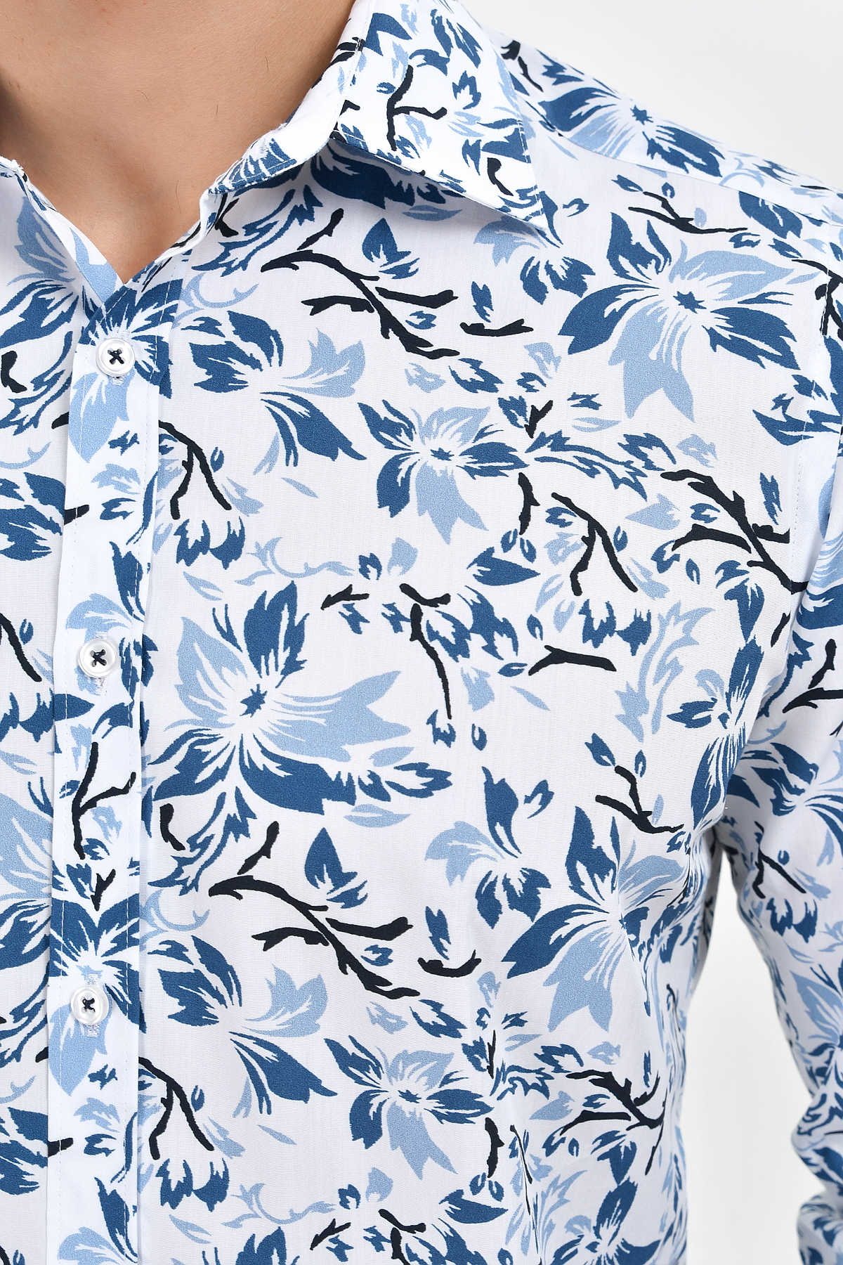 Slim Fit Blue Floral Printed Cotton Casual Shirt - SAYKI