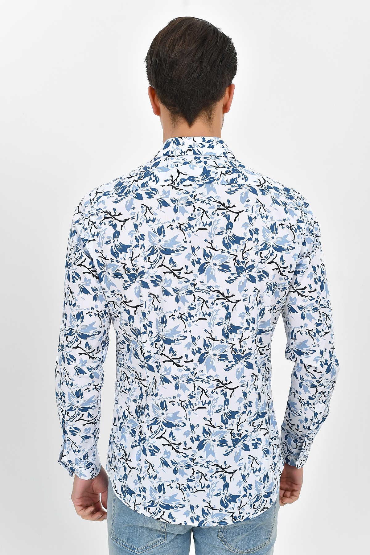 Slim Fit Blue Floral Printed Cotton Casual Shirt - SAYKI