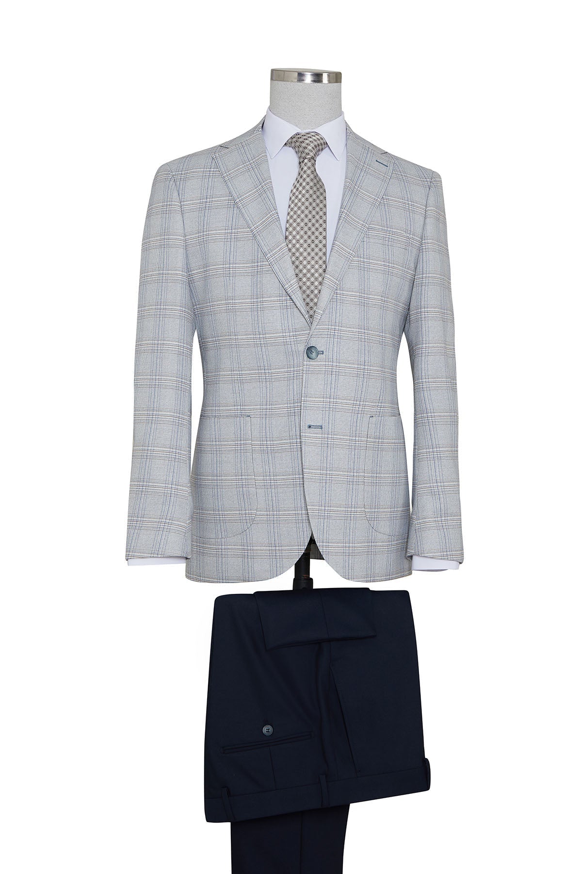 Slim Fit Blue Peak Lapel Plaid Casual Suit with Vest SAYKI