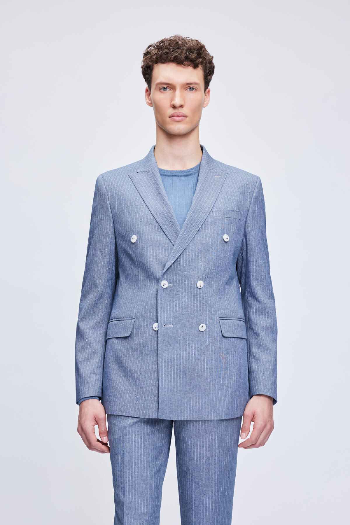 Slim Fit Blue Peak Lapel Striped Double-Breasted Classic