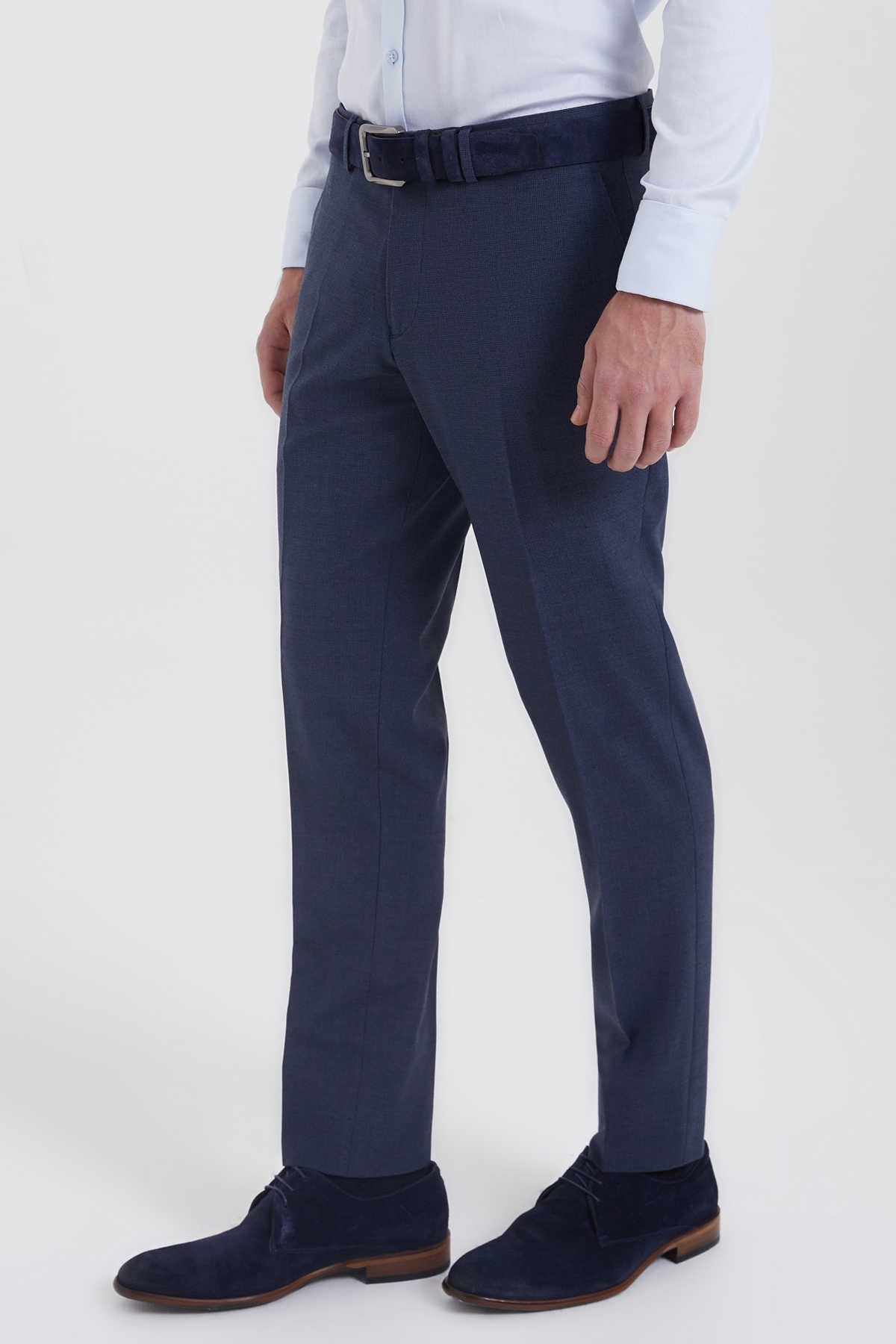 Slim Fit Blue Side Pocket Low Waist Wool Dress Pants - SAYKI
