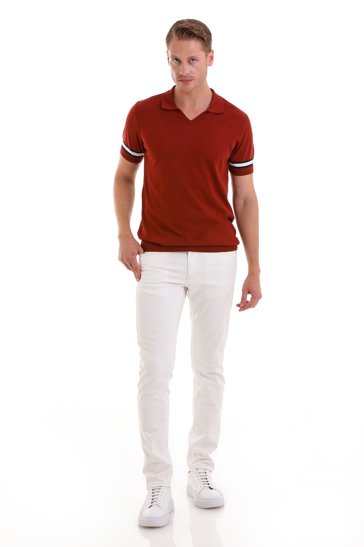 Slim Fit Brick Knit Polo T-Shirt - SAYKI