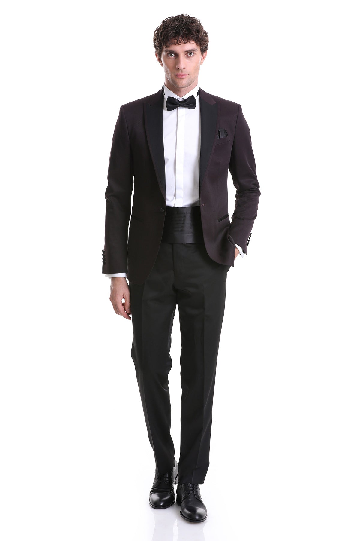 Black tuxedo suit with satin lapels and matching trousers.