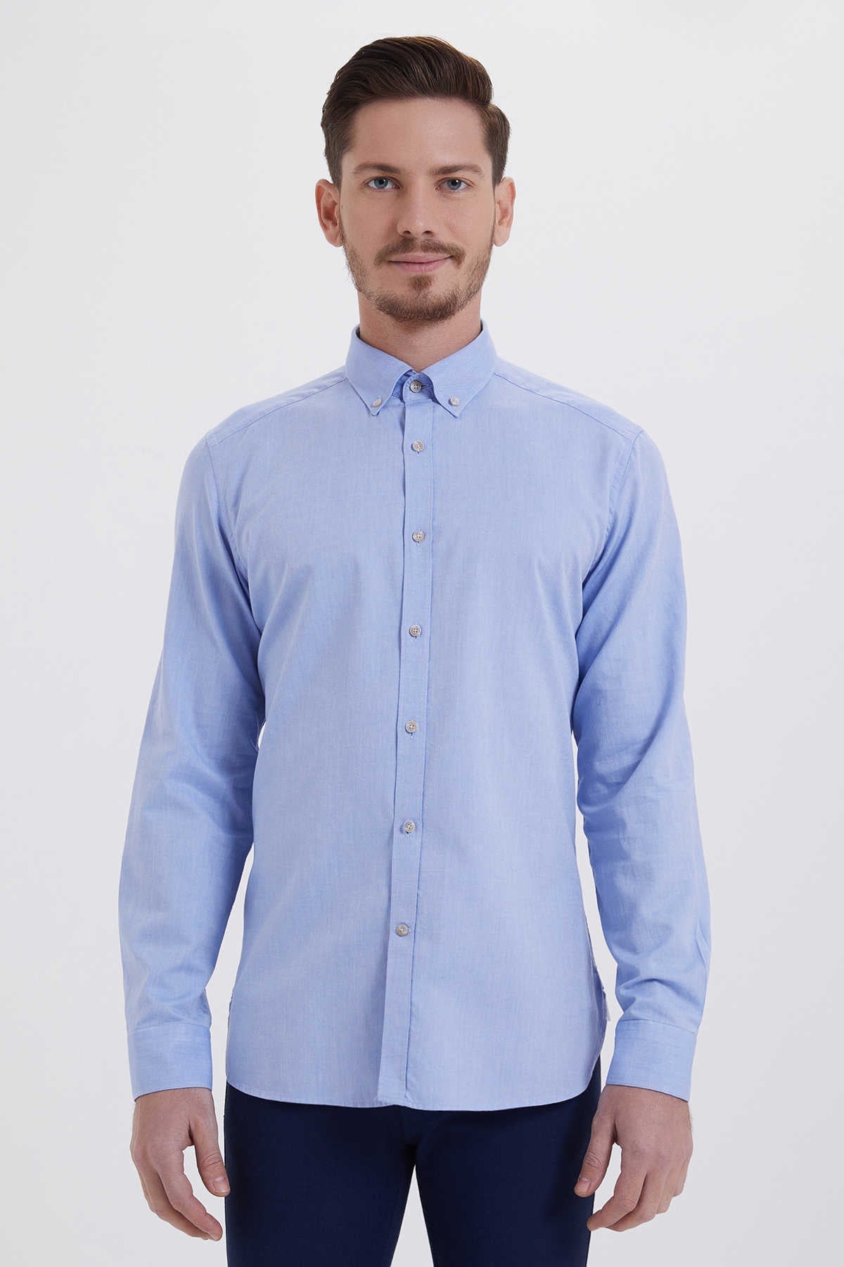 Slim Fit Button-Down Cotton Light Blue Casual Shirt - SAYKI