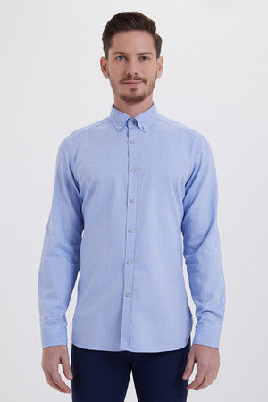 Slim Fit Button-Down Cotton Light Blue Casual Shirt - SAYKI