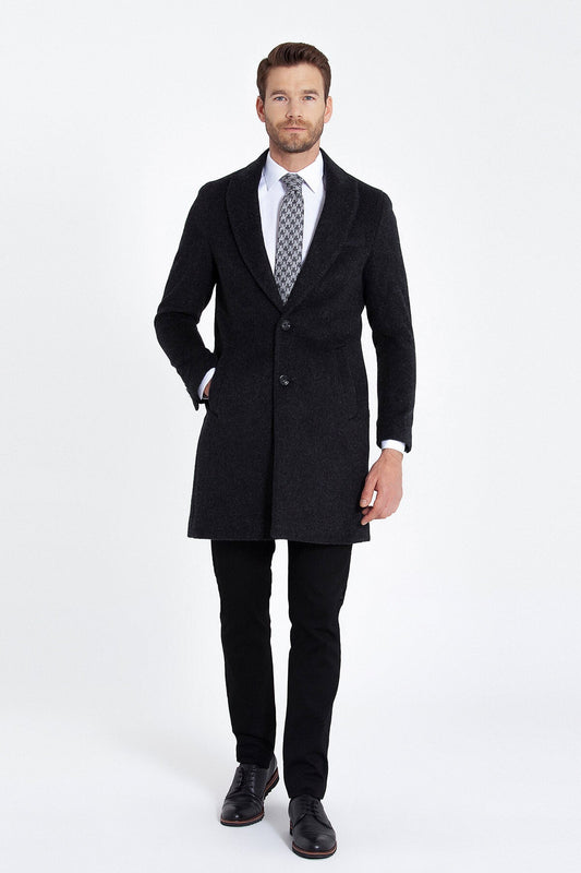 Slim Fit Cachet Charcoal Wool Blend Overcoat - SAYKI
