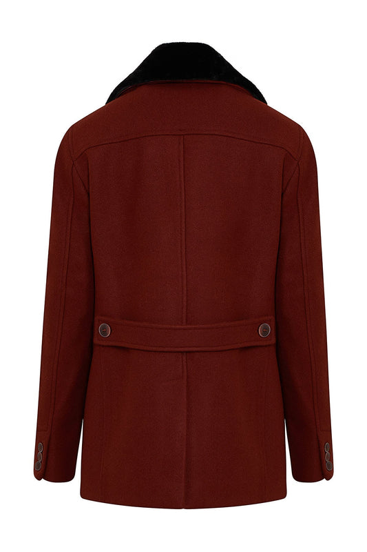 A rich burgundy wool coat with a contrasting black fur-lined collar and matching buttoned cuffs.