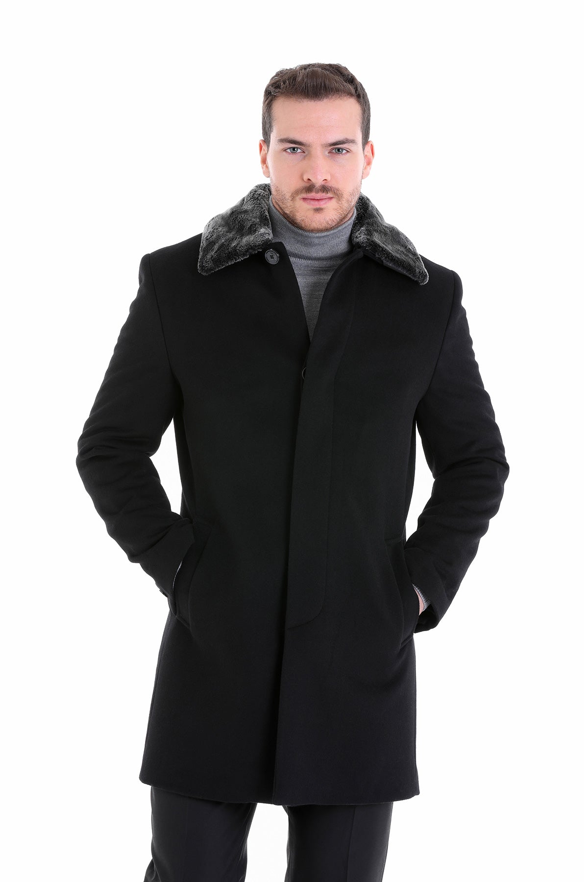 Black woolen overcoat with a plush gray fur collar.