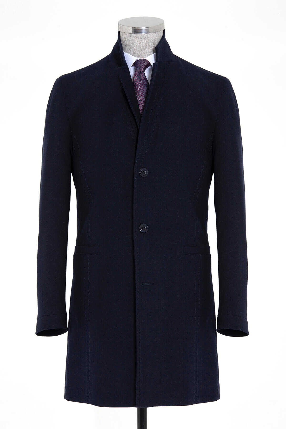 Slim Fit Cachet Notch Lapel Navy Overcoat - SAYKI