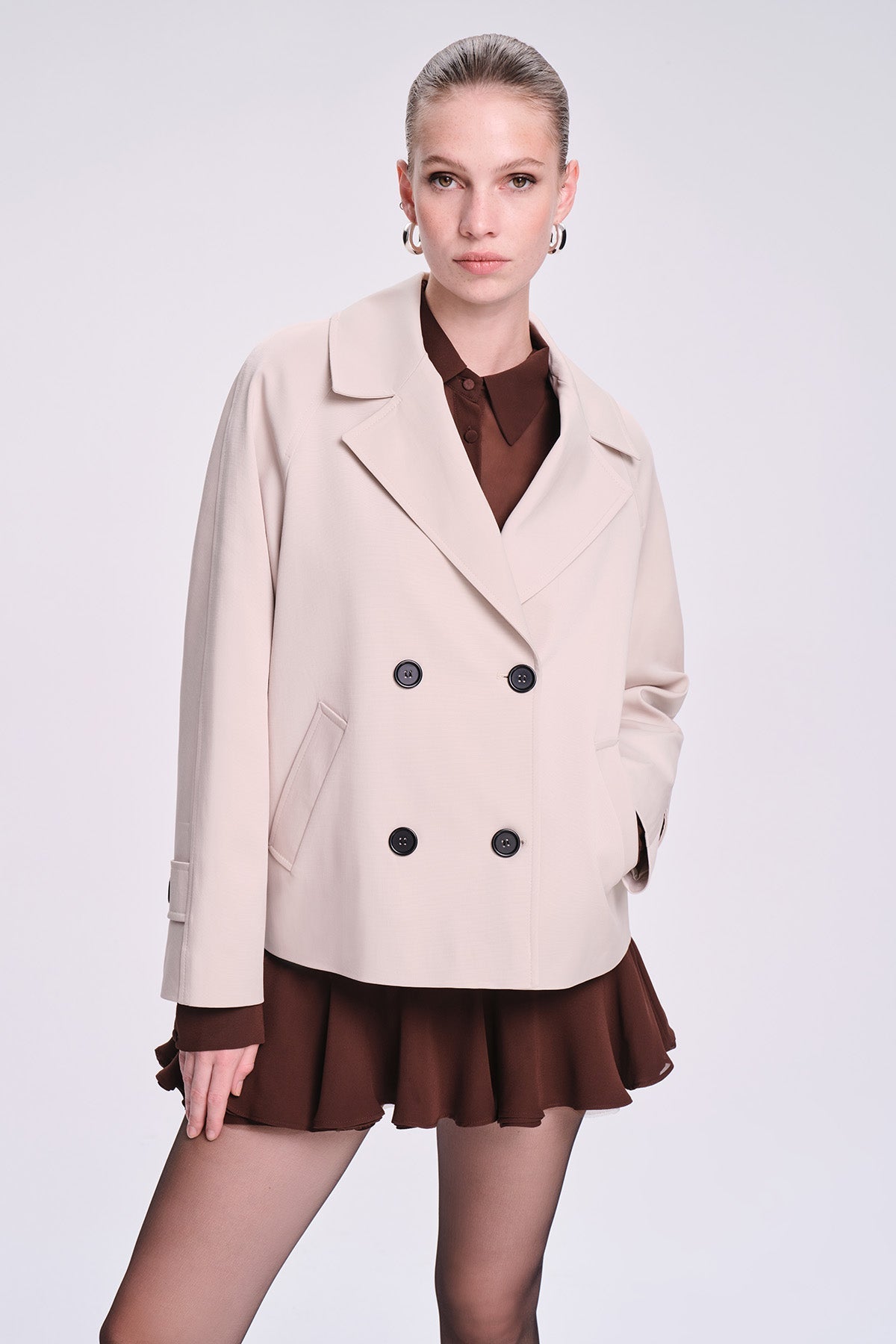 Slim Fit Cachet Sarah Cotton Blend Beige Long Coat - SAYKI